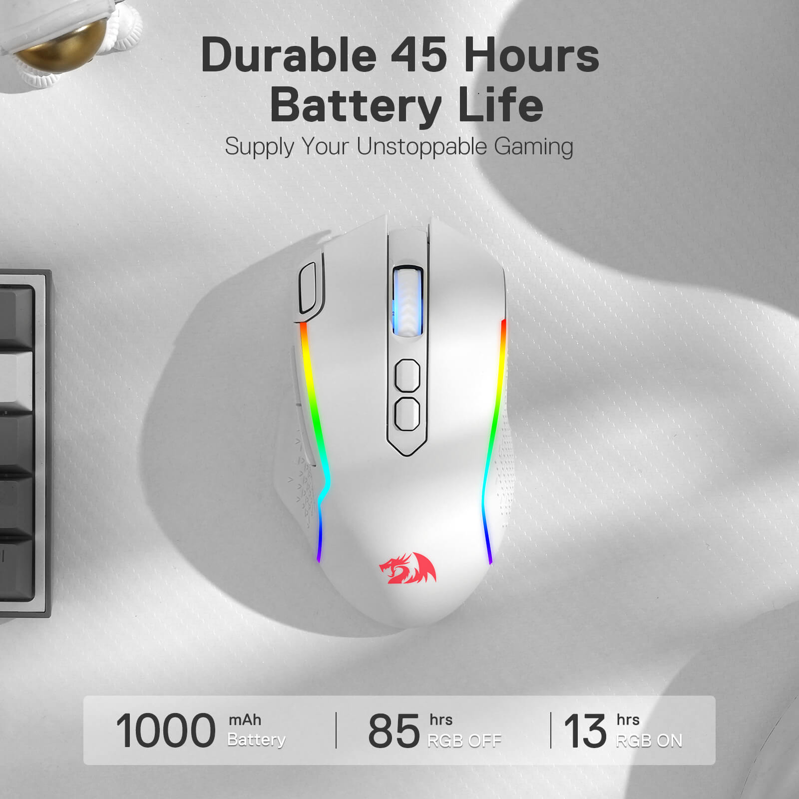 Mouse Gaming Nirkabel Redragon M810 Pro, Mouse Gamer Kabel/Nirkabel 10000 DPI dengan Tombol Rapid Fire, 8 Tombol Makro, Kapasitas Daya Tahan 45 Jam, dan Lampu Latar RGB untuk PC/Mac/Laptop