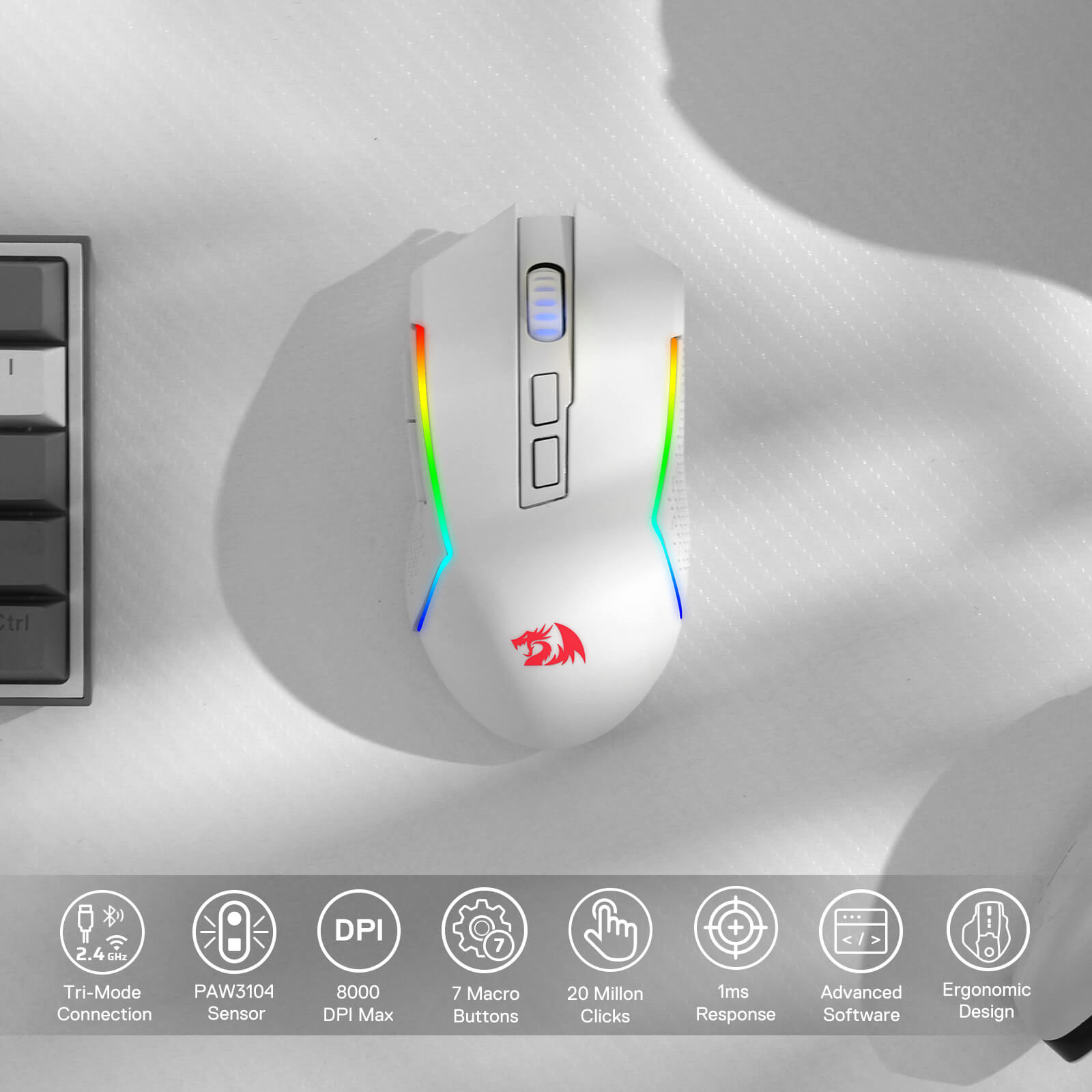 Redragon M693 Mouse Gaming Nirkabel Bluetooth, Mouse Gamer Kabel/Nirkabel 8000 DPI dengan Koneksi 3 Mode, BT & Nirkabel 2.4G, 7 Tombol Makro, Kapasitas Daya Tahan Lama, dan Lampu Latar RGB untuk PC/Mac/Laptop