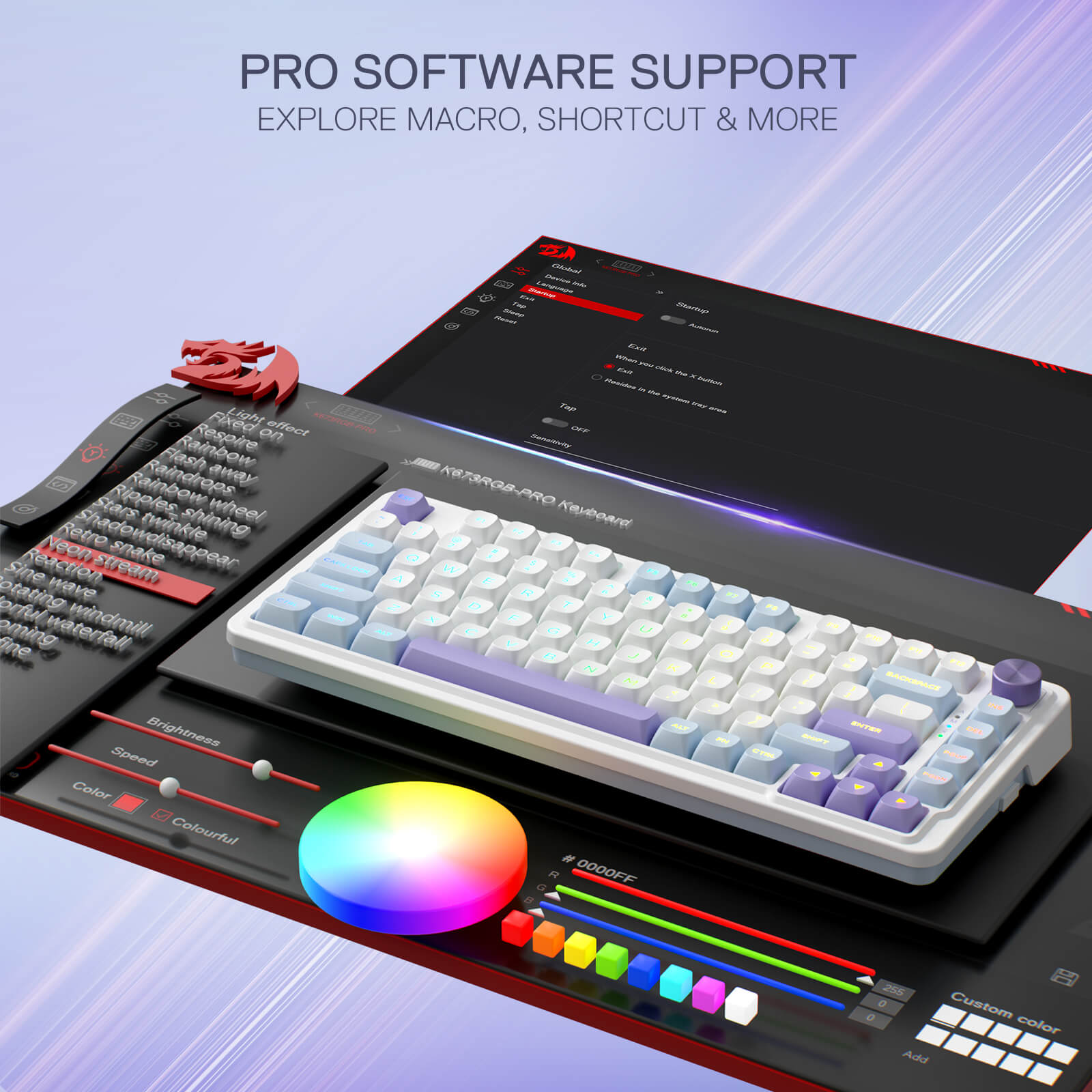 Redragon UCAL MAX K673 MOA Keycaps 75% 81 PBT Keys Hot-Swappable Gaming Keyboard in Moonrise Violet