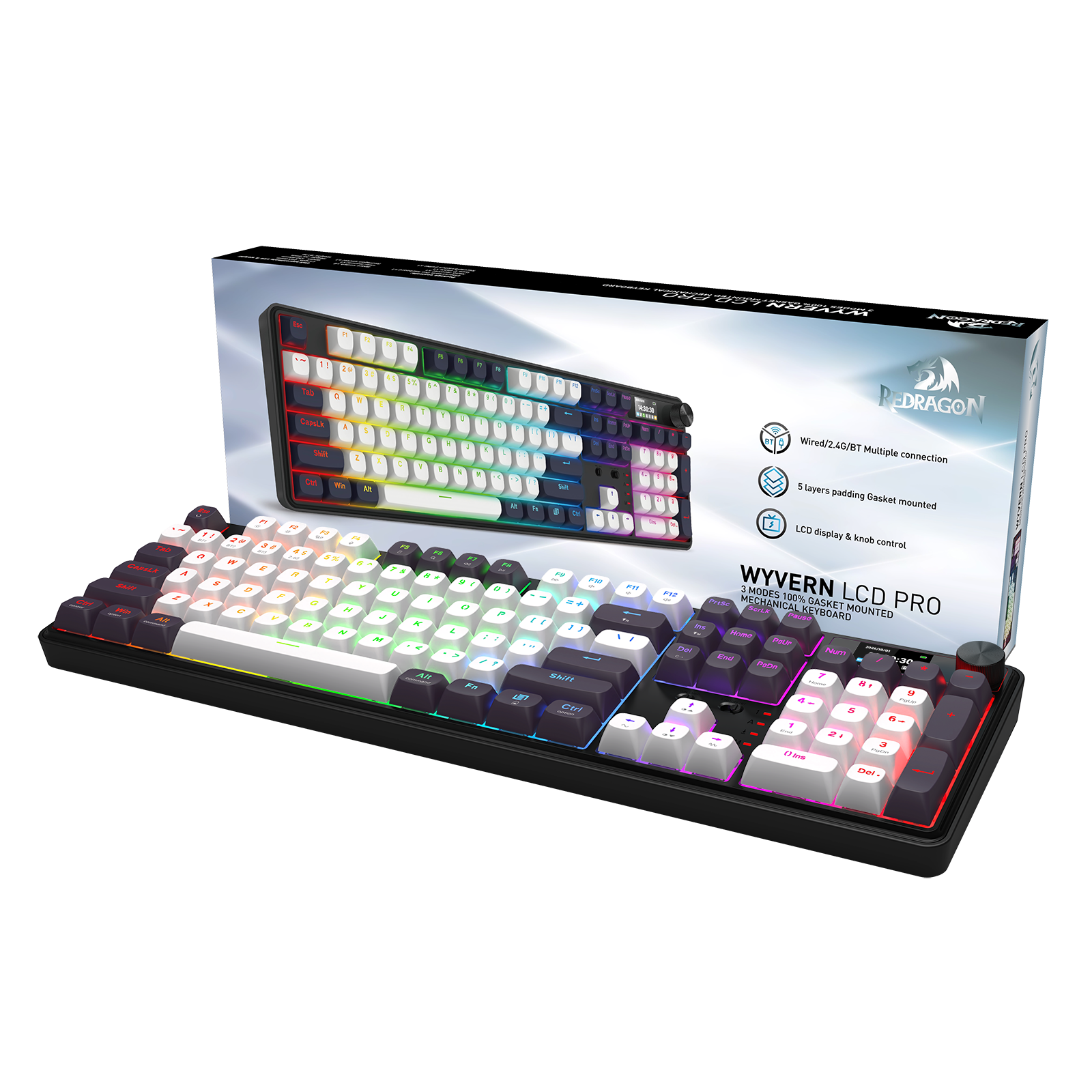Redragon K761WB-RGB-PRO 3-Mode Keyboard Mekanik Gasket 104 Tombol dengan Layar LCD