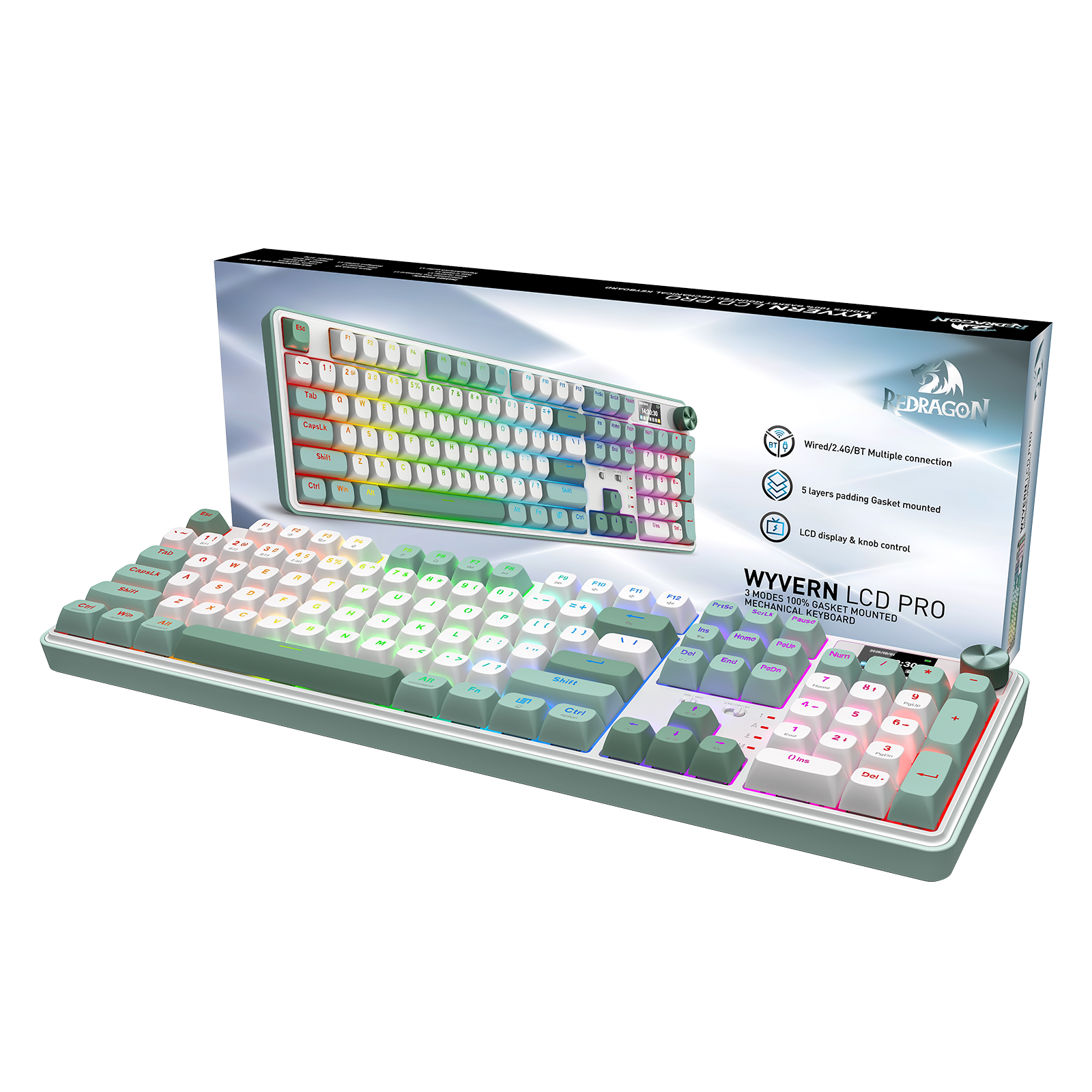 Redragon K761WG-RGB-PRO 3-Mode Keyboard Mekanikal Gasket 104 Tombol dengan Layar LCD