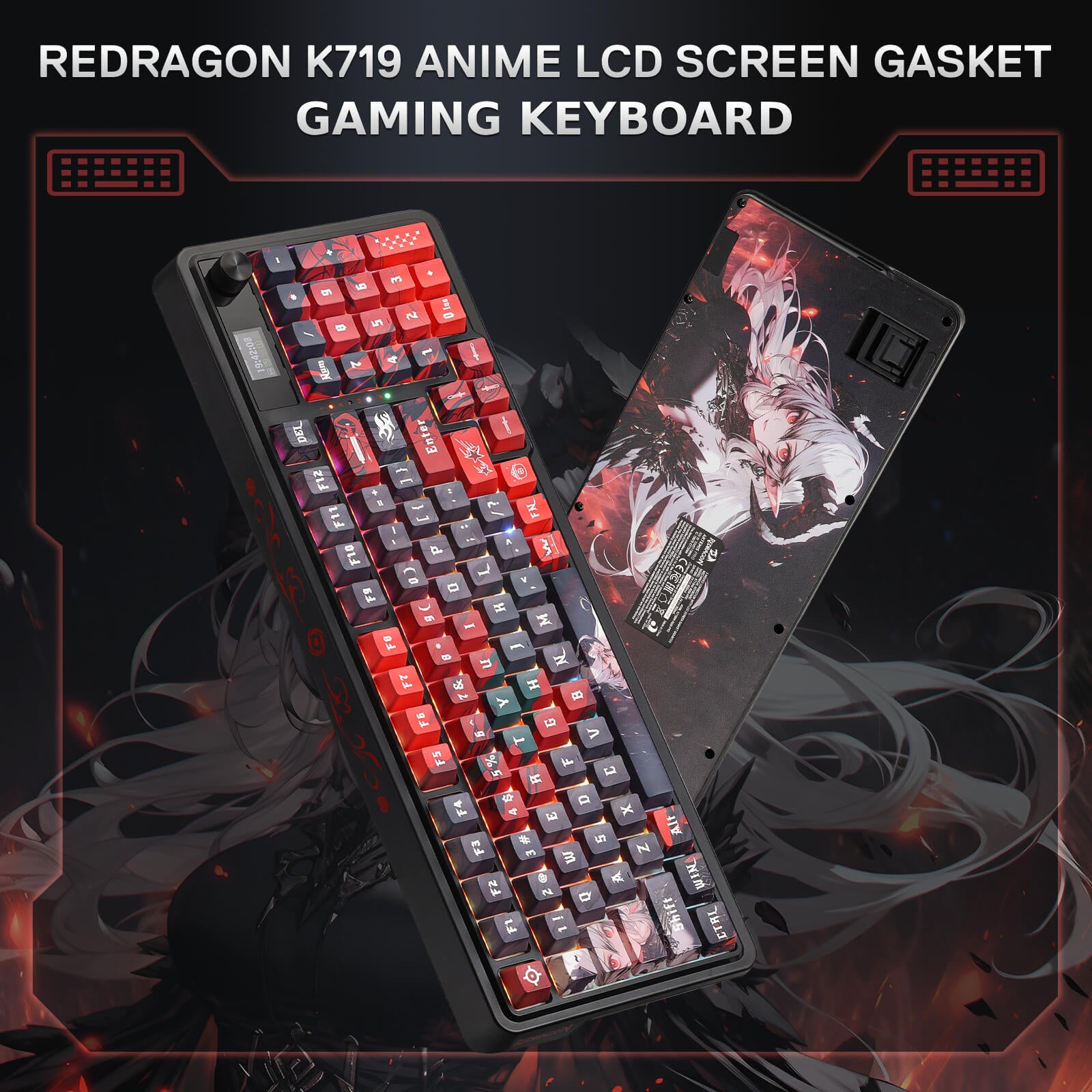 Redragon K719 PRO Wireless Gasket Gaming Keyboard w/Hype Screen & Knob, 95 Keys Mechanical Keyboard, Easy-Control 1.14’’ TFT Info Display, 5-Layer Noise Dampening, Custom Linear Switch, Anime Edition, Black and Red