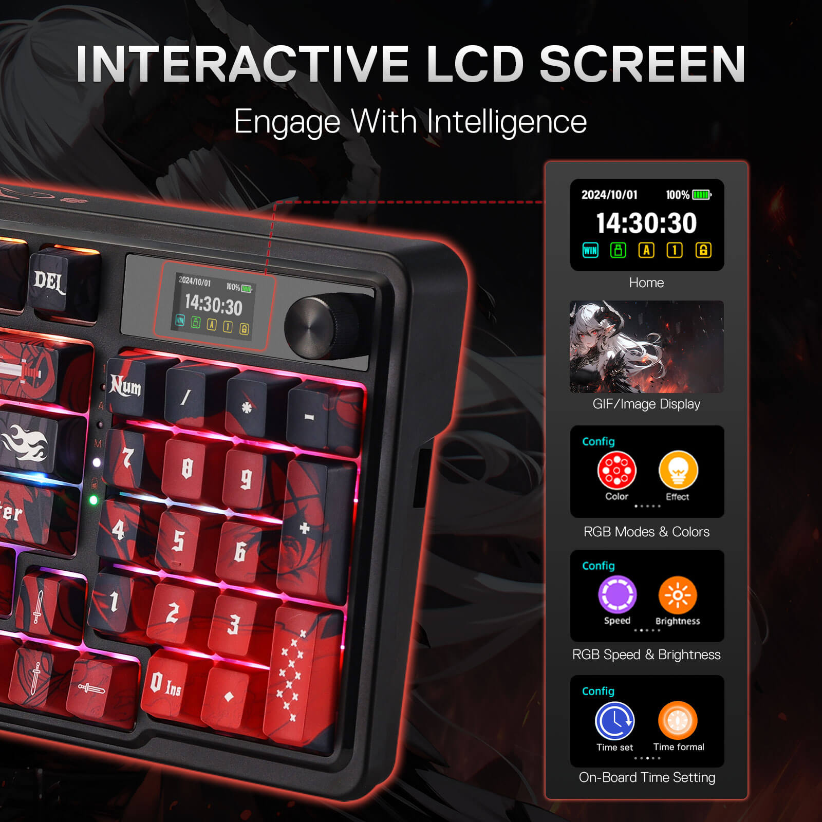Redragon K719 PRO Wireless Gasket Gaming Keyboard w/Hype Screen & Knob, 95 Keys Mechanical Keyboard, Easy-Control 1.14’’ TFT Info Display, 5-Layer Noise Dampening, Custom Linear Switch, Anime Edition, Black and Red