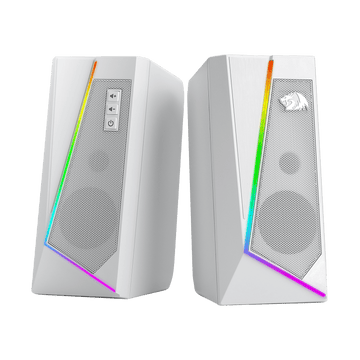 Speaker Desktop RGB Redragon GS520, Speaker Stereo Komputer PC 2.0 Saluran dengan 6 Mode LED Berwarna, Suara yang Ditingkatkan dan Kontrol Volume Akses Mudah, Didukung USB dengan Kabel 3.5mm, Putih