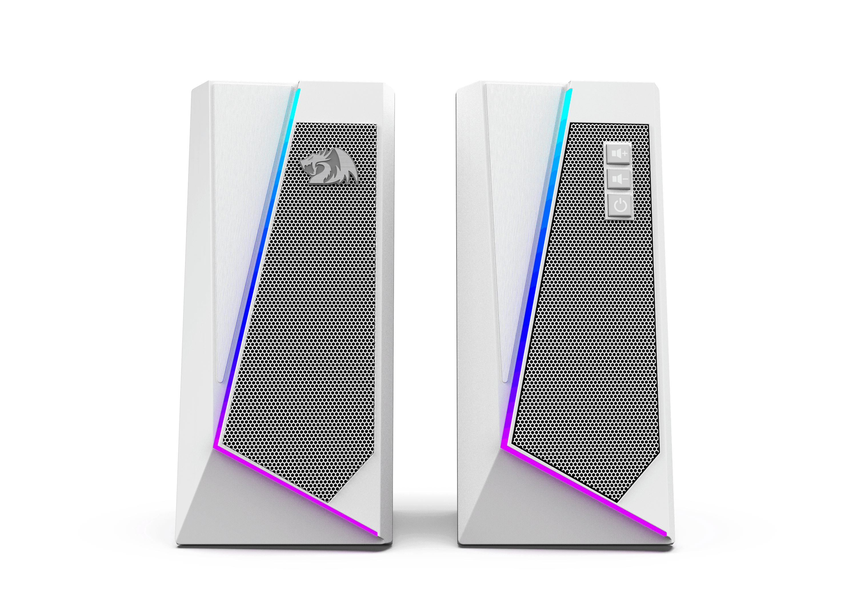 Speaker Desktop RGB Redragon GS520, Speaker Stereo Komputer PC 2.0 Saluran dengan 6 Mode LED Berwarna, Suara yang Ditingkatkan dan Kontrol Volume Akses Mudah, Didukung USB dengan Kabel 3.5mm, Putih