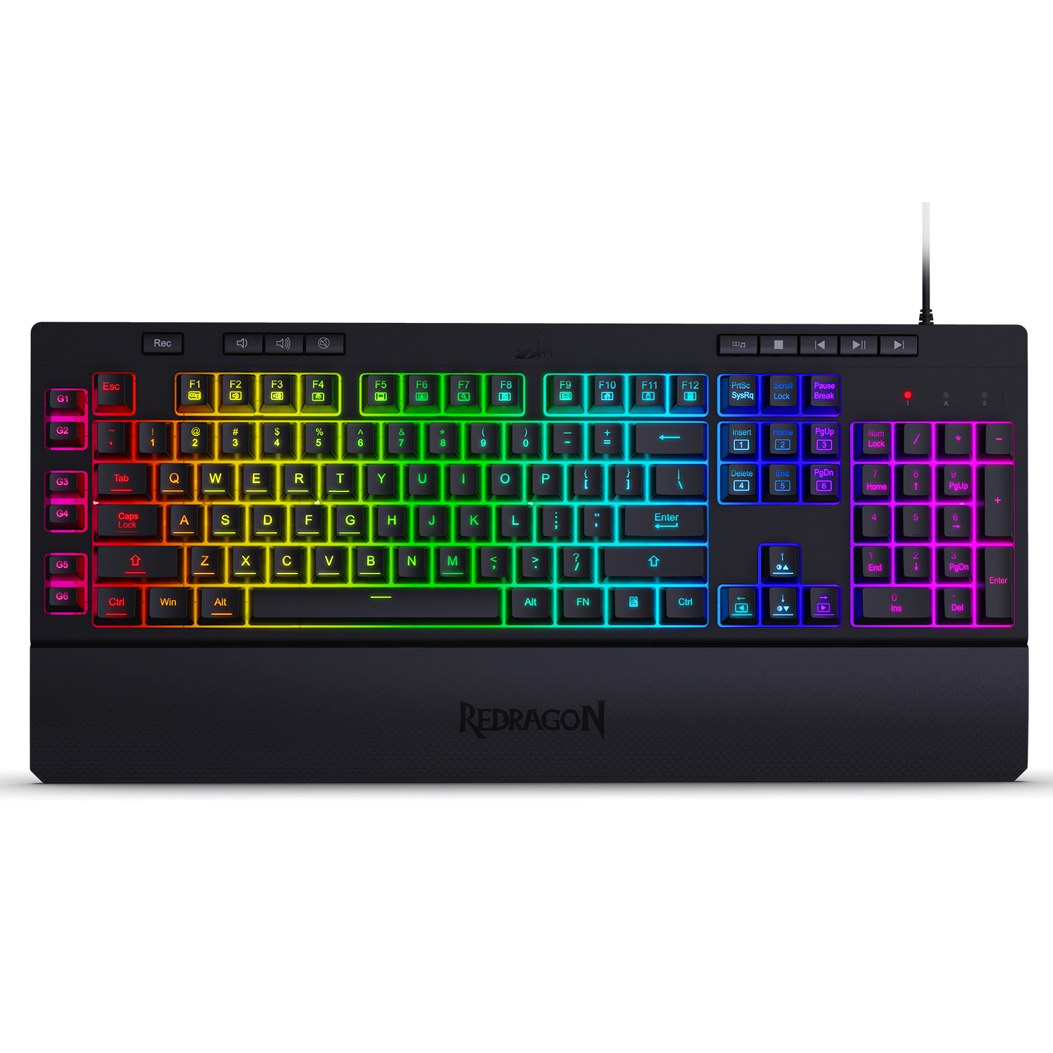 Redragon K512 SHIVA RGB Membrane Gaming Keyboard dengan Tombol Multimedia, 6 Tombol Makro On-Board Ekstra, Kontrol Media Khusus, Sandaran Pergelangan Tangan yang Dapat Dilepas