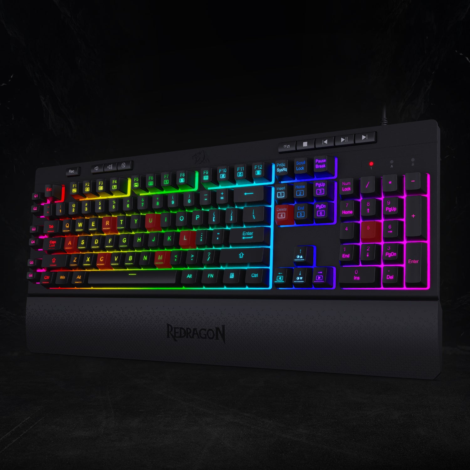 Redragon K512 SHIVA RGB Membrane Gaming Keyboard dengan Tombol Multimedia, 6 Tombol Makro On-Board Ekstra, Kontrol Media Khusus, Sandaran Pergelangan Tangan yang Dapat Dilepas