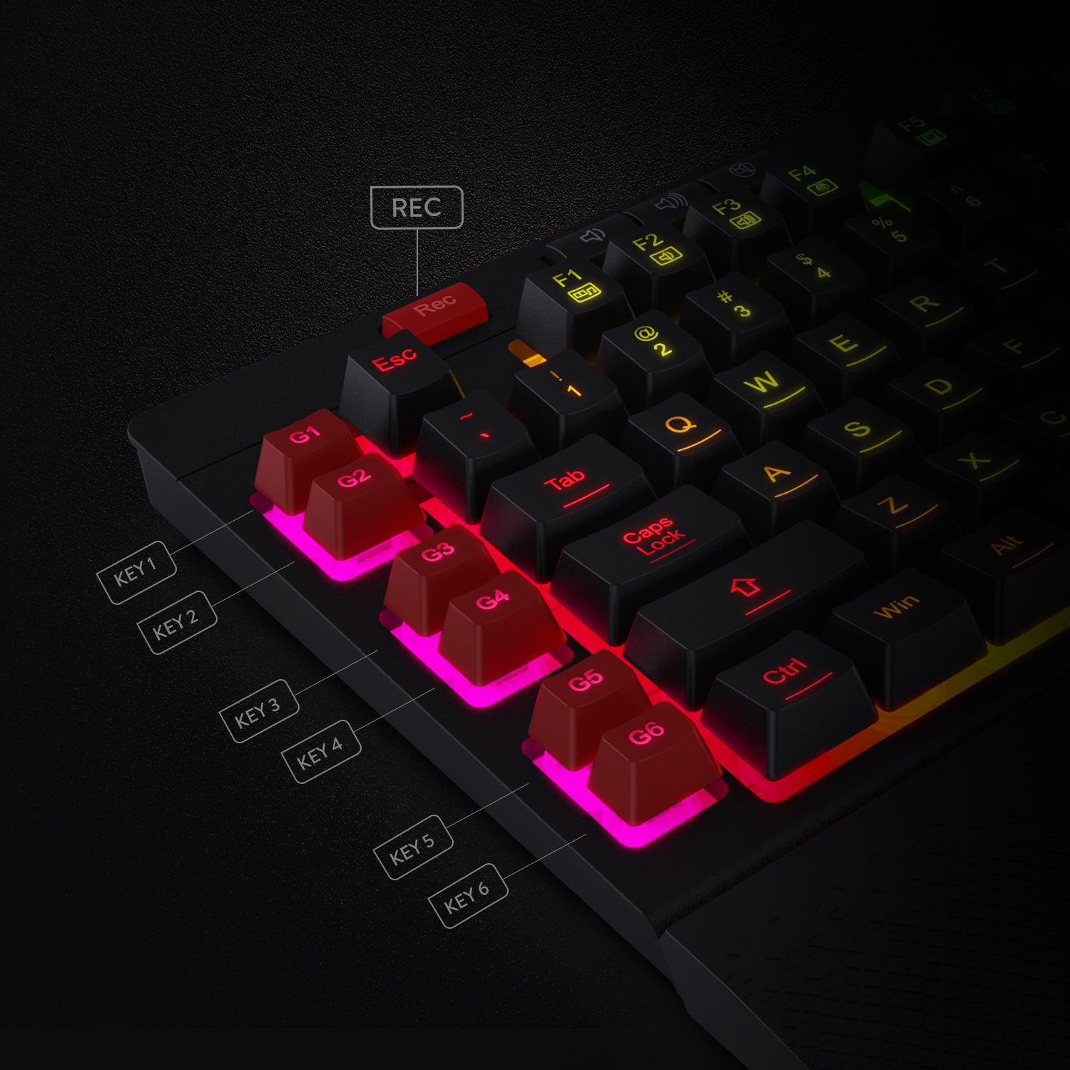 Redragon K512 SHIVA RGB Membrane Gaming Keyboard dengan Tombol Multimedia, 6 Tombol Makro On-Board Ekstra, Kontrol Media Khusus, Sandaran Pergelangan Tangan yang Dapat Dilepas