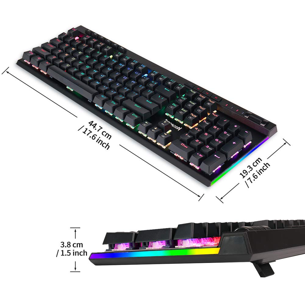 Redragon K580 VATA RGB LED Keyboard Gaming Mekanis dengan Lampu Latar 104 Tombol Anti-Ghosting dengan Tombol Makro dan Kontrol Media Khusus (Sakelar Biru)