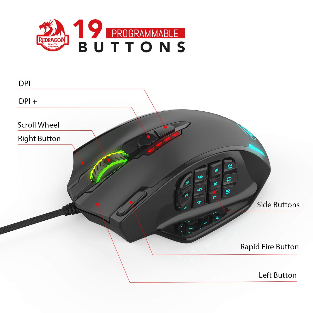 Redragon M908 Impact RGB LED MMO Gaming Mouse Laser USB dengan 12400dpi, Presisi Tinggi, 18 Tombol Samping yang Dapat Diprogram, Desain Ergonomis, Hitam