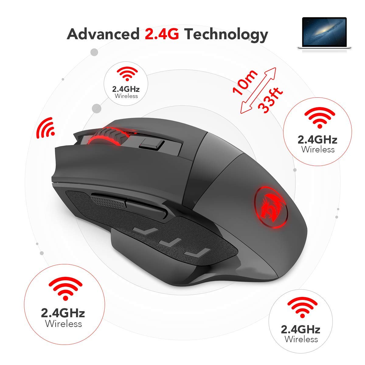 Redragon M653 MIG Mini Mouse, Mouse Nirkabel Optik 2.4G dengan Penerima Nano USB untuk Kantor & Game, 5 DPI yang Dapat Diatur, 6 Tombol Mouse Optik untuk PC Desktop, Macbook, Notebook, PC, Laptop, Komputer