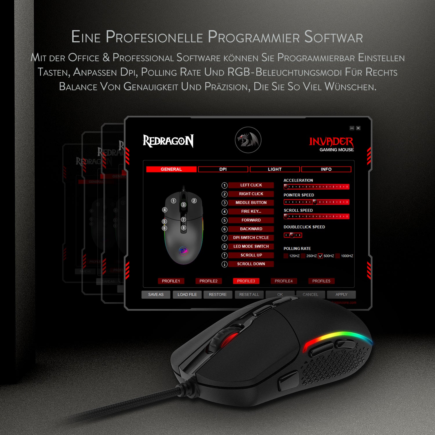 Redragon M719 Invader Gaming Mouse 10.000 DPI PC Mouse dengan Lampu Latar RGB / 7 Tombol yang Dapat Diprogram / Tombol Tembak Sensor Optik Mouse Gaming Berkabel untuk Gamer Pro (Hitam)