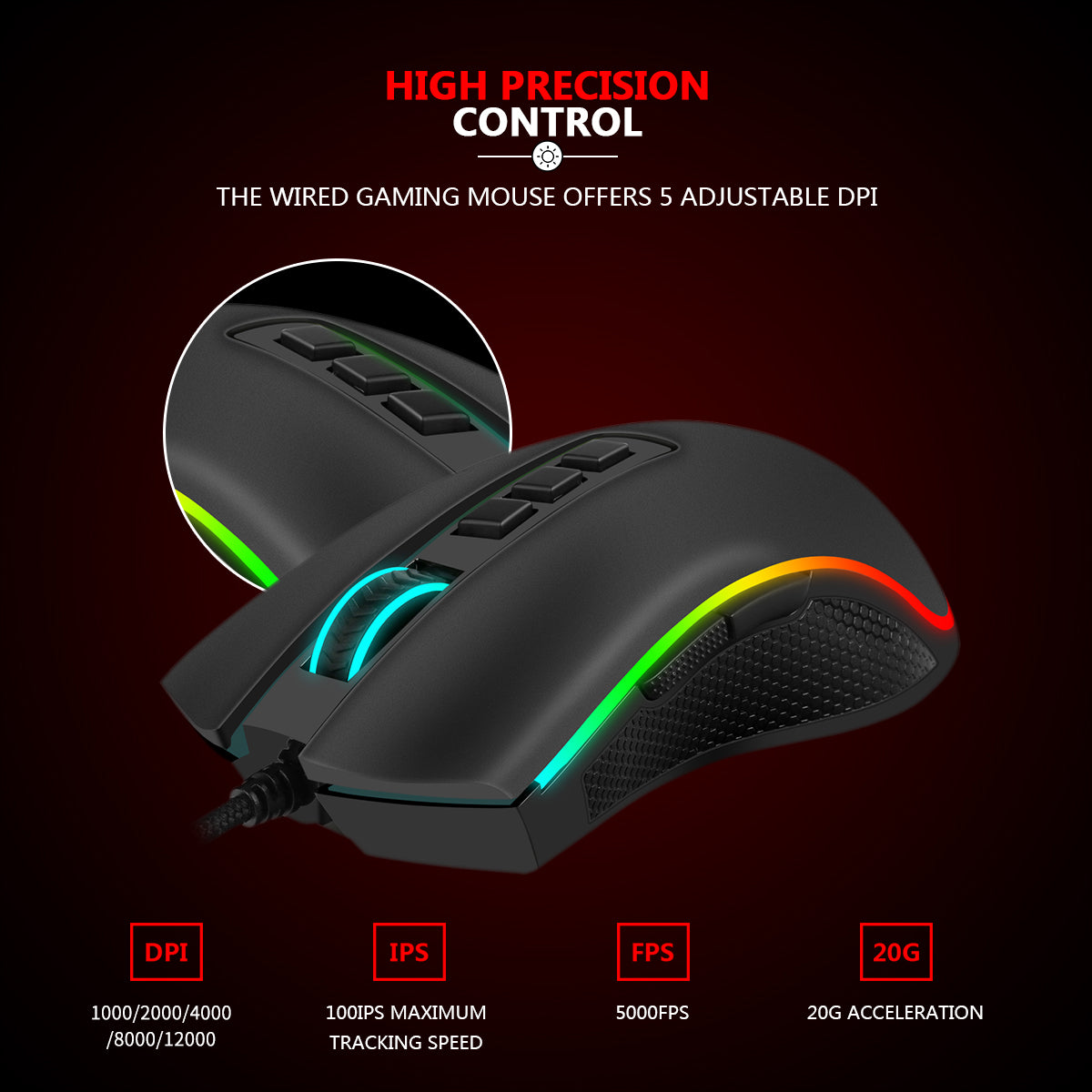 Redragon COBRA M711-FPS  Flawless sensor, LK Optical Switch , 24000DPI Gaming Mouse, 16.8 Million RGB backlight