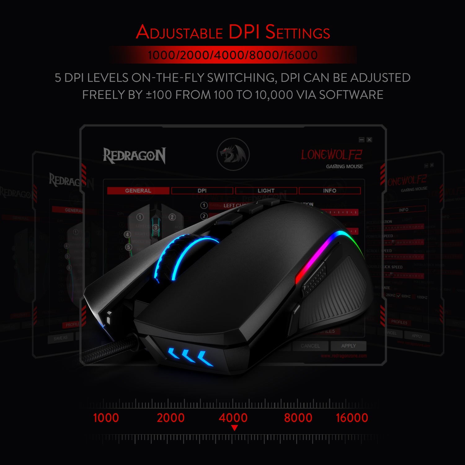 Redragon M721-Pro Lonewolf2 Gaming mouse, Mouse Berkabel Pencahayaan RGB, 10 Tombol yang Dapat Diprogram, DPI Dapat Disesuaikan hingga 32.000, Mouse Gaming Komputer PC Optik Ergonomis dengan Pegangan yang Nyaman dengan Tombol Tembak