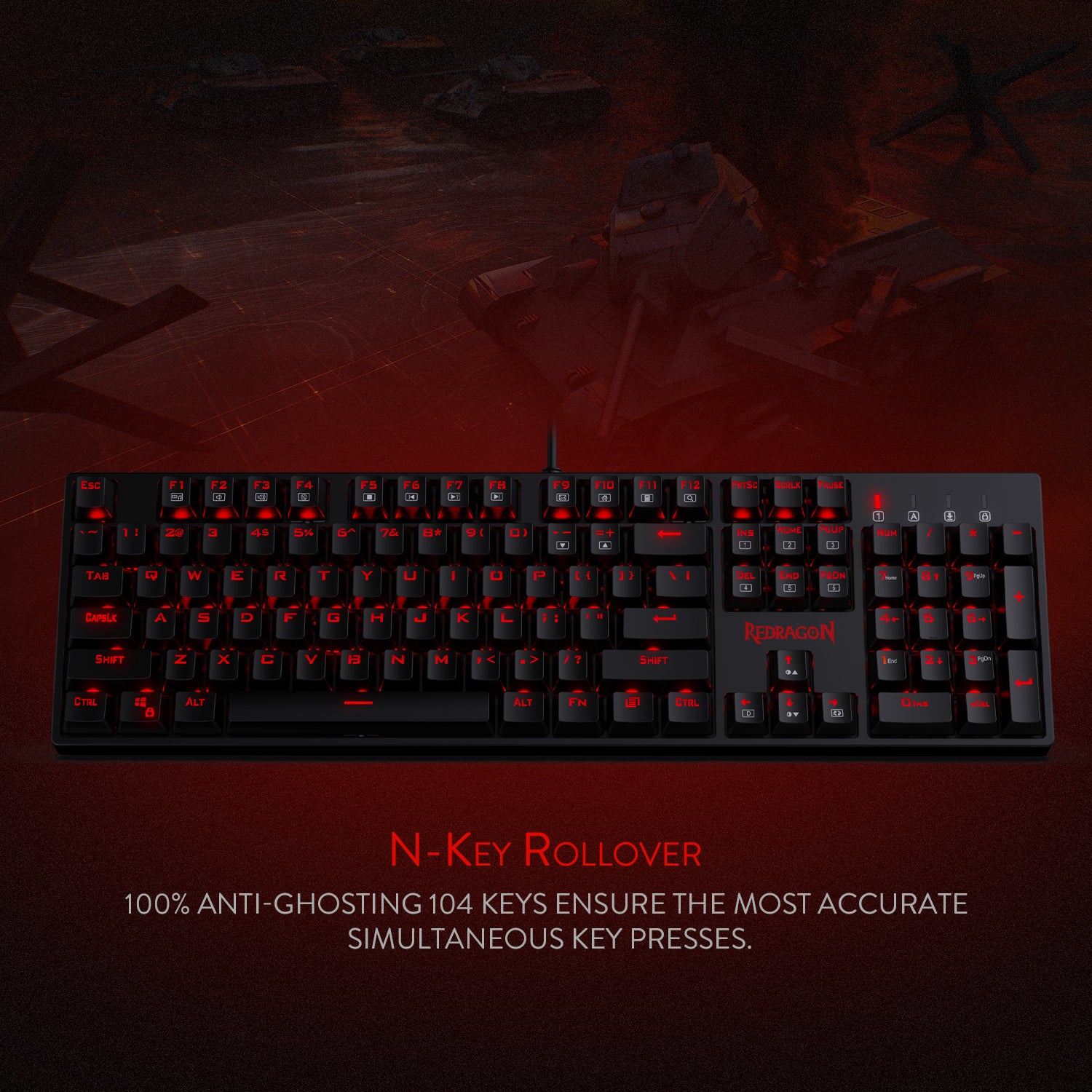 Redragon K582 SURARA Red LED Backlit Mechanical Gaming Keyboard, 104 Standard Keys and Quiet-Red Switches