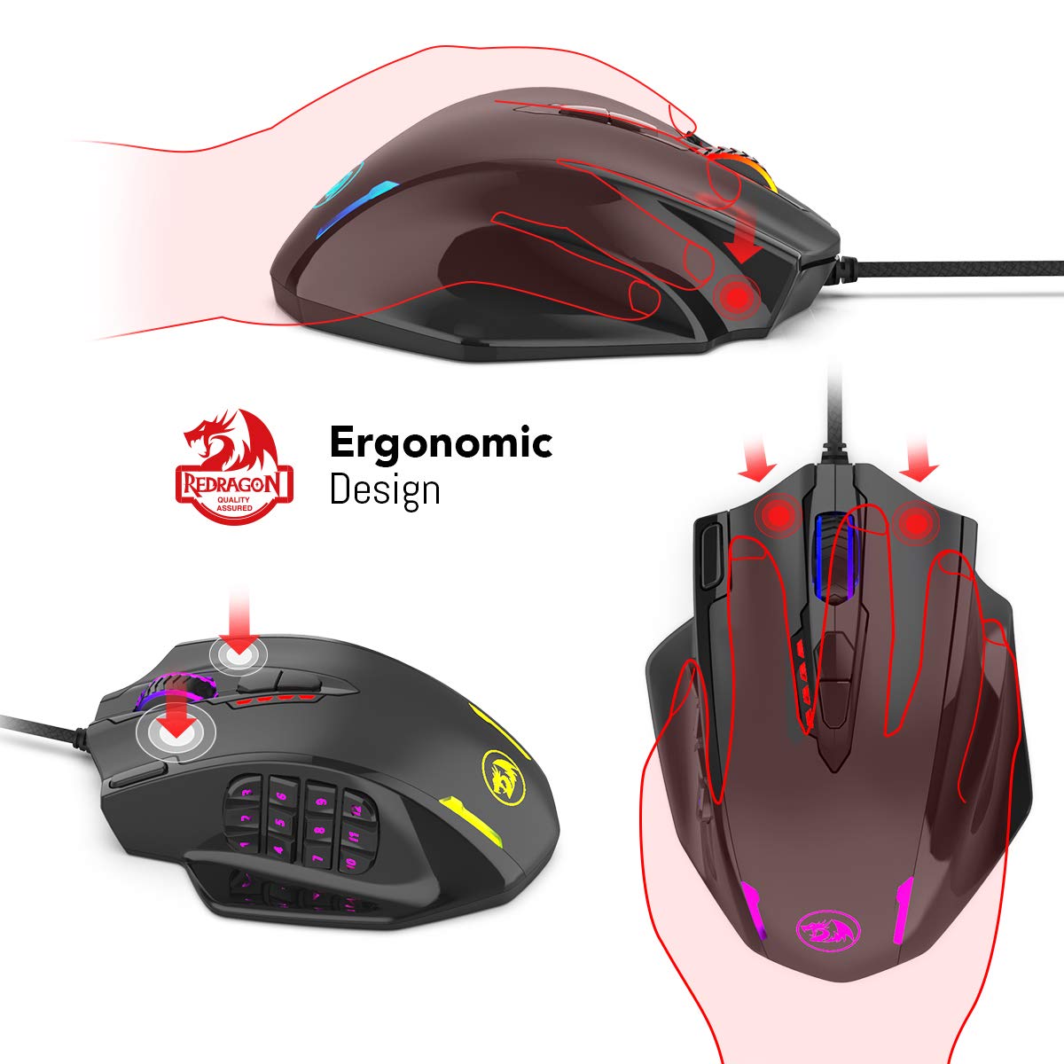 Redragon M908 Impact RGB LED MMO Gaming Mouse Laser USB dengan 12400dpi, Presisi Tinggi, 18 Tombol Samping yang Dapat Diprogram, Desain Ergonomis, Hitam