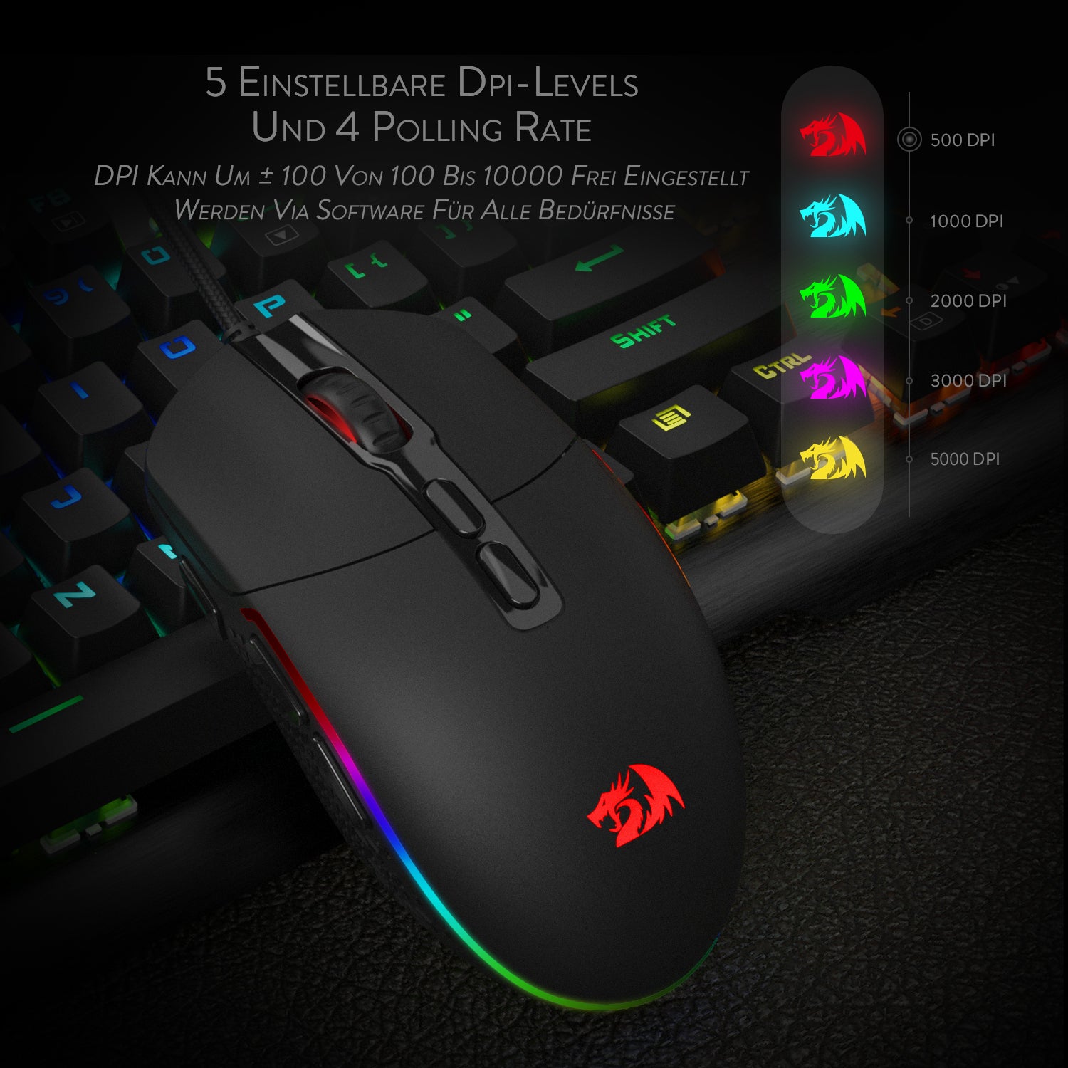 Redragon M719 Invader Gaming Mouse 10.000 DPI PC Mouse dengan Lampu Latar RGB / 7 Tombol yang Dapat Diprogram / Tombol Tembak Sensor Optik Mouse Gaming Berkabel untuk Gamer Pro (Hitam)