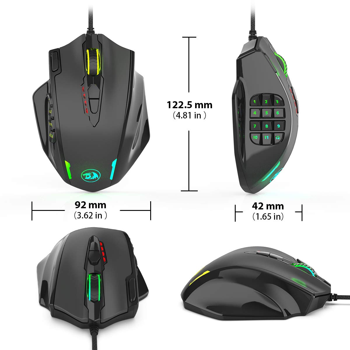 Redragon M908 Impact RGB LED MMO Gaming Mouse Laser USB dengan 12400dpi, Presisi Tinggi, 18 Tombol Samping yang Dapat Diprogram, Desain Ergonomis, Hitam