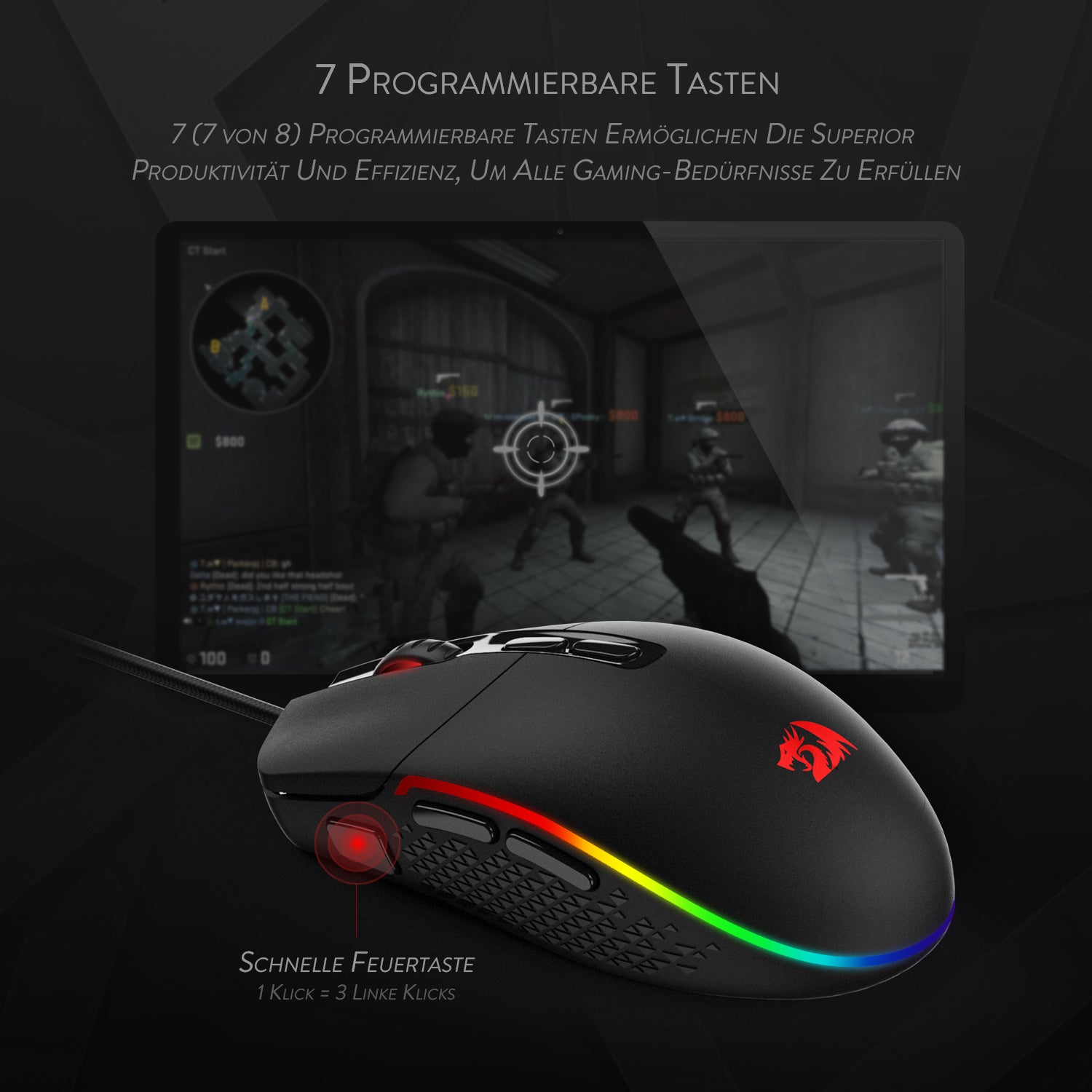 Redragon M719 Invader Gaming Mouse 10.000 DPI PC Mouse dengan Lampu Latar RGB / 7 Tombol yang Dapat Diprogram / Tombol Tembak Sensor Optik Mouse Gaming Berkabel untuk Gamer Pro (Hitam)