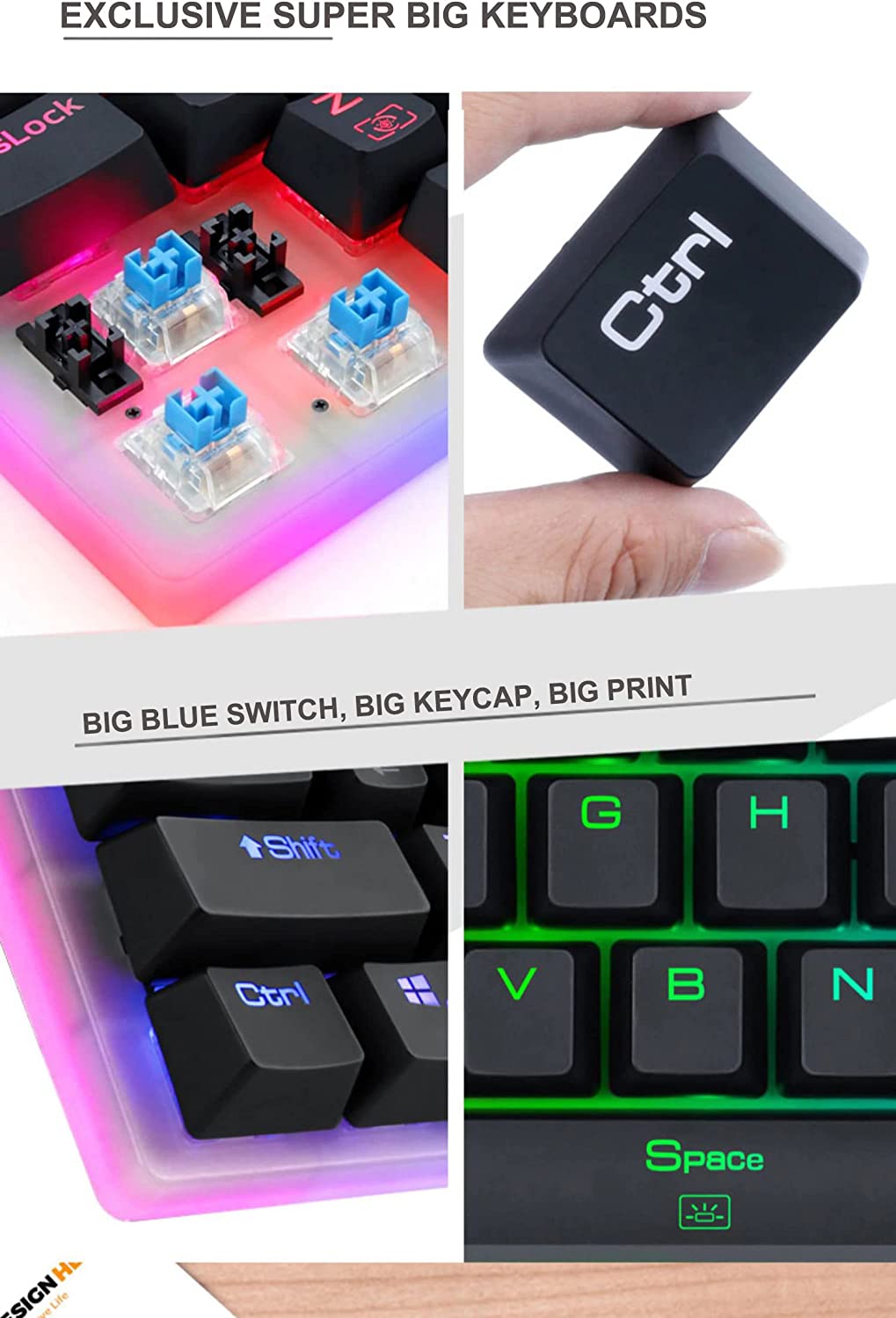 Redragon K605 Alien Giant Mechanical Gaming Keyboard, 61 Tombol Super Besar & Outemu Blue Switch, RGB LED Backlit Ergonomic Wired Type-C Full Key Conflict Free Anti-Ghosting NKRO Keyboard