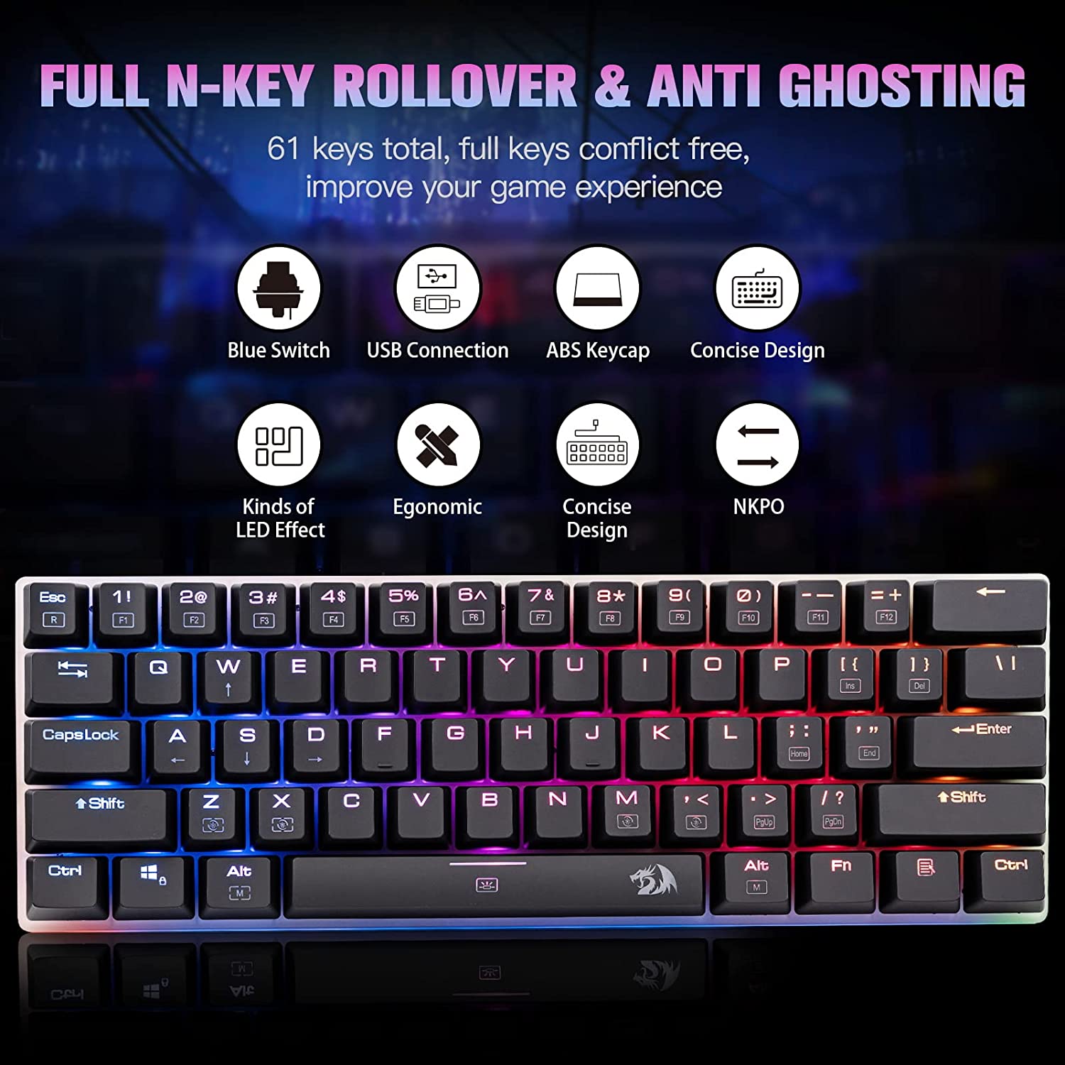 Redragon K605 Alien Giant Mechanical Gaming Keyboard, 61 Tombol Super Besar & Outemu Blue Switch, RGB LED Backlit Ergonomic Wired Type-C Full Key Conflict Free Anti-Ghosting NKRO Keyboard