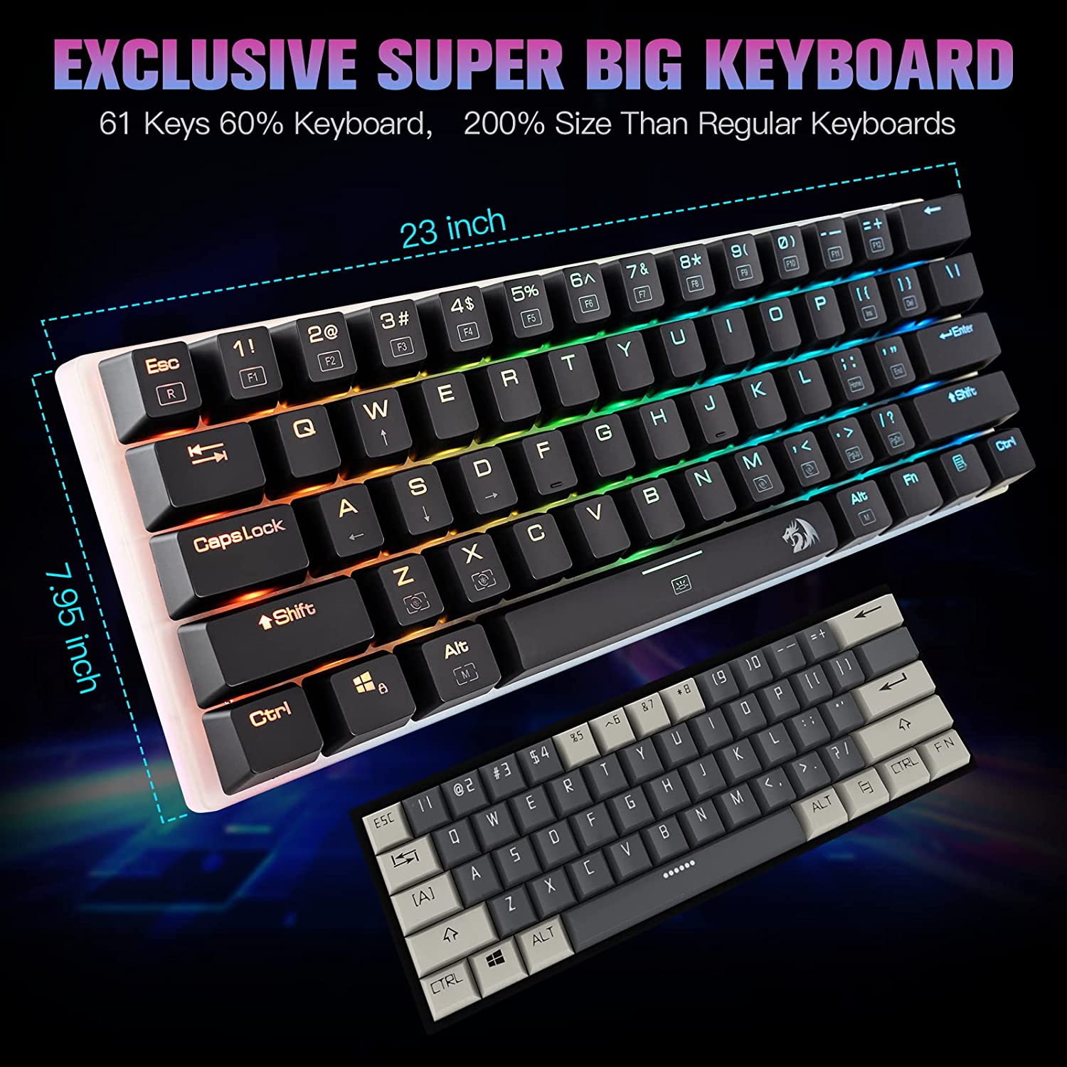 Redragon K605 Alien Giant Mechanical Gaming Keyboard, 61 Tombol Super Besar & Outemu Blue Switch, RGB LED Backlit Ergonomic Wired Type-C Full Key Conflict Free Anti-Ghosting NKRO Keyboard