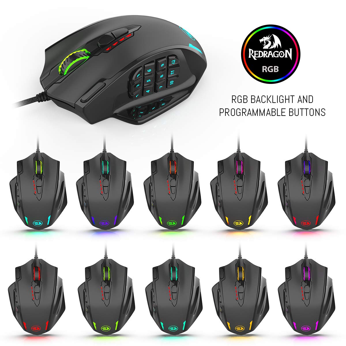 Redragon M908 Impact RGB LED MMO Gaming Mouse Laser USB dengan 12400dpi, Presisi Tinggi, 18 Tombol Samping yang Dapat Diprogram, Desain Ergonomis, Hitam