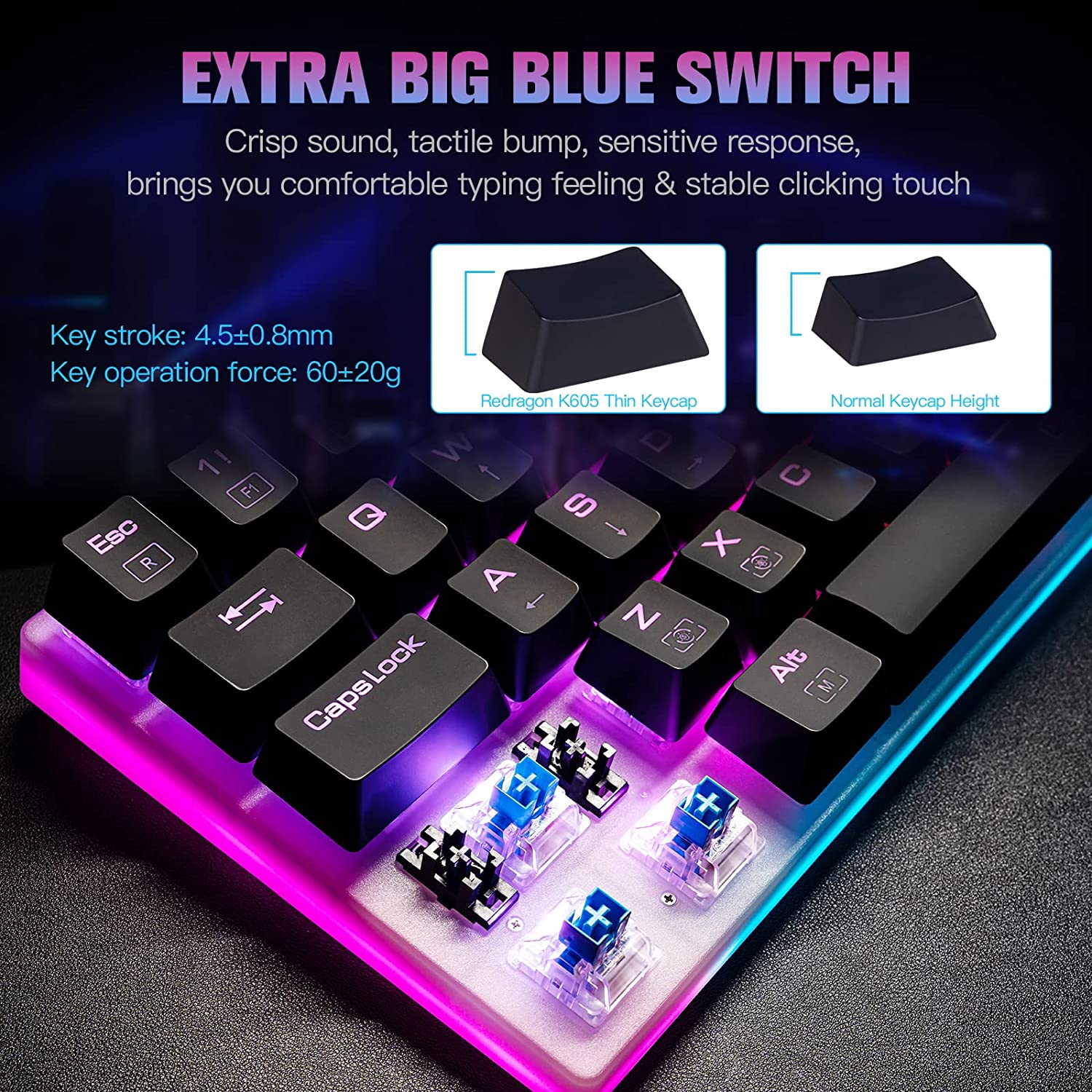 Redragon K605 Alien Giant Mechanical Gaming Keyboard, 61 Tombol Super Besar & Outemu Blue Switch, RGB LED Backlit Ergonomic Wired Type-C Full Key Conflict Free Anti-Ghosting NKRO Keyboard