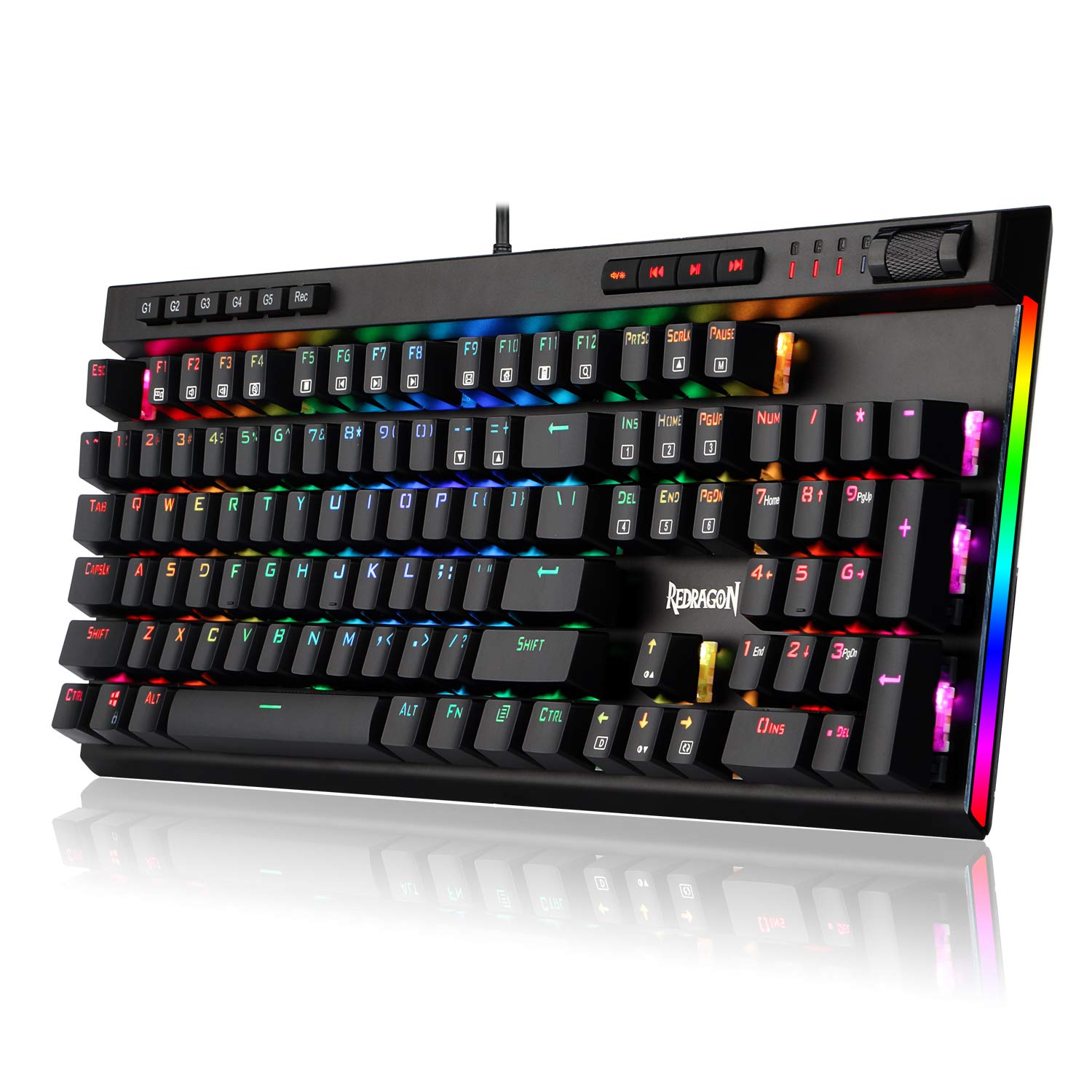 Redragon K580 VATA RGB LED Keyboard Gaming Mekanis dengan Lampu Latar 104 Tombol Anti-Ghosting dengan Tombol Makro dan Kontrol Media Khusus (Sakelar Biru)