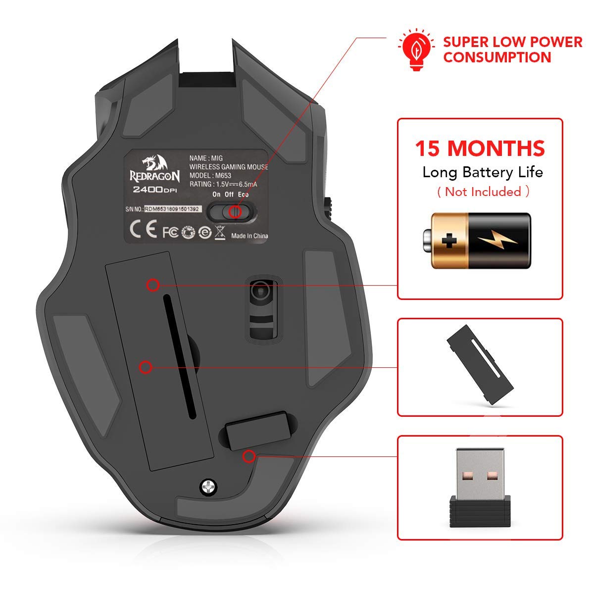 Redragon M653 MIG Mini Mouse, Mouse Nirkabel Optik 2.4G dengan Penerima Nano USB untuk Kantor & Game, 5 DPI yang Dapat Diatur, 6 Tombol Mouse Optik untuk PC Desktop, Macbook, Notebook, PC, Laptop, Komputer