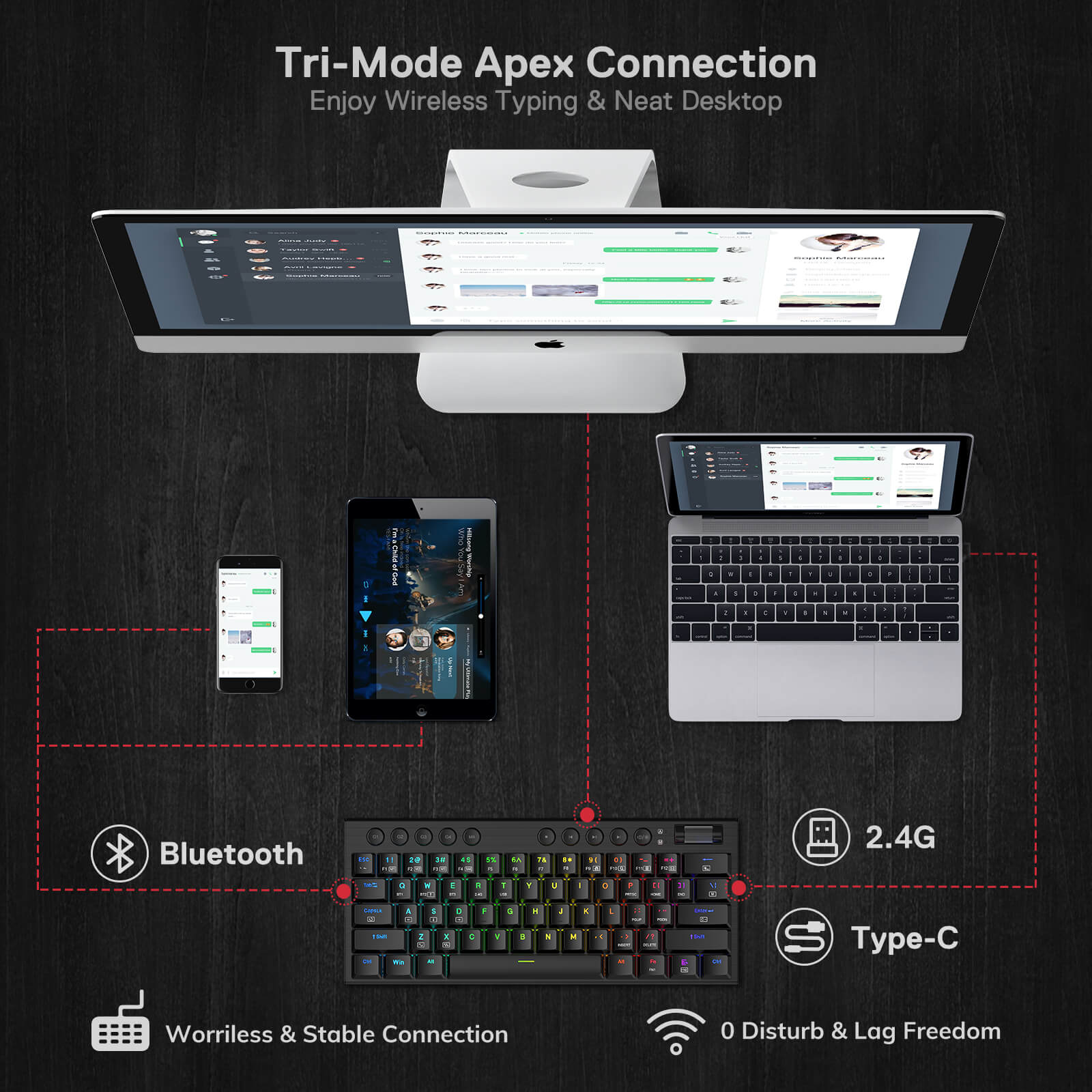 Redragon K632 PRO Noctis 60%  RGB Mechanical Keyboard, Bluetooth/2.4Ghz/Wired Tri-Mode Ultra-Thin Low Profile Gaming Keyboard w/No-Lag Connection