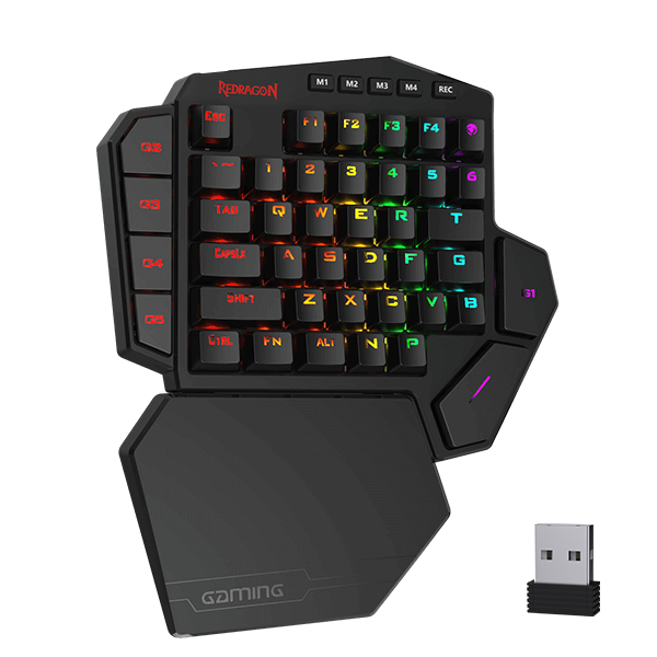 Redragon K585 DITI Wireless One-Handed Mechanical Keyboard, 42 Tombol 2.4Ghz RGB 40% Gaming Keypad dengan 7 Tombol Makro Onboard, Penopang Pergelangan Tangan yang Dapat Dilepas, Baterai 3000 mAh