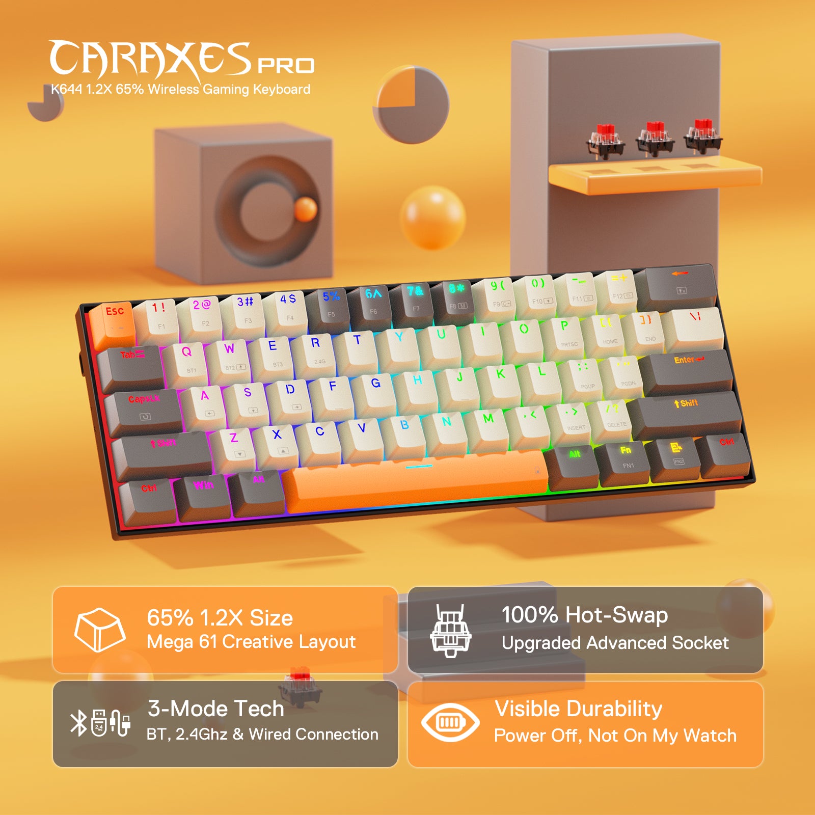 Redragon K644 SE 65% 3-Mode Wireless RGB Gaming Keyboard, 61 Keys Hot-Swappable Compact Mechanical Keyboard w/Upgrade Hot-Swap PCB Socket & Creative 1.2X Larger Size, Quiet Red Linear Switch