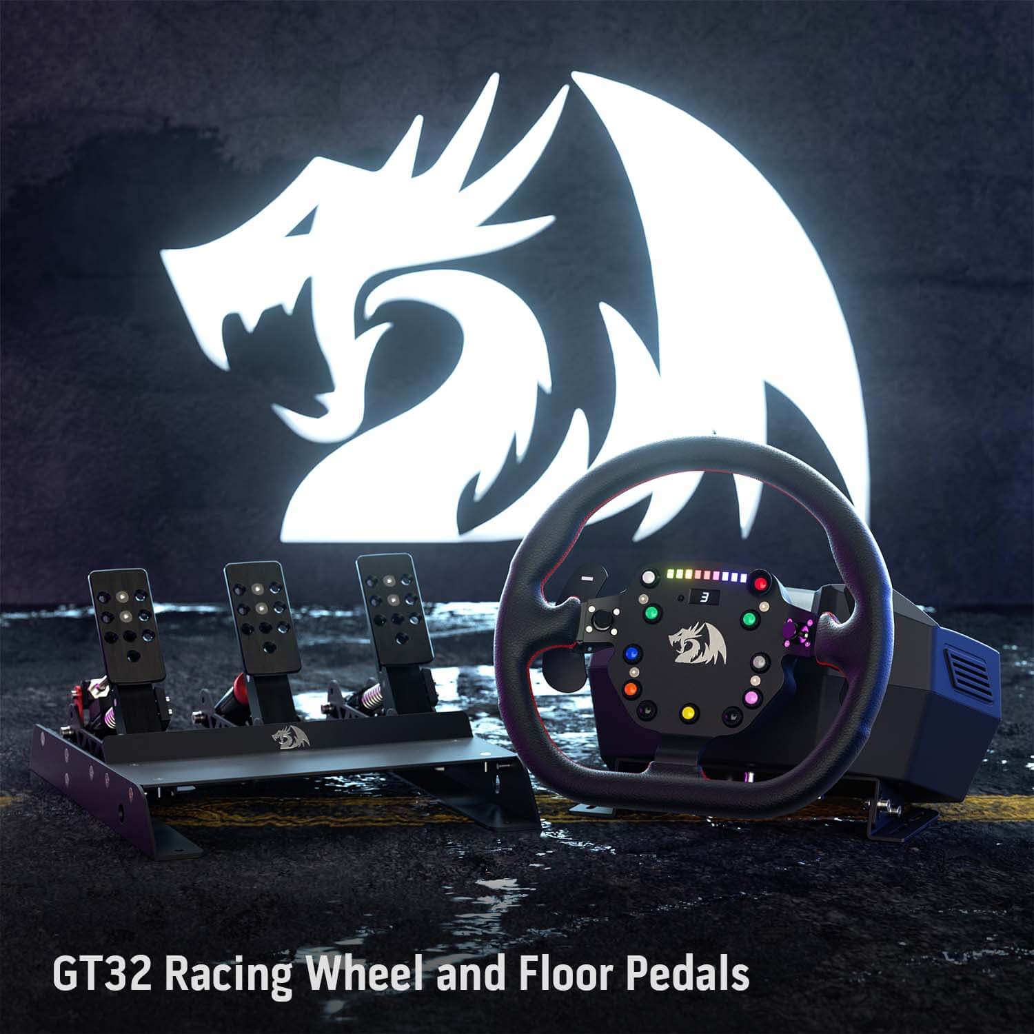 Redragon GT-32 Racing Wheel and Floor Pedals, Real Force Feedback Car Racing Simulator, PMSM Dual-Motor Control Box & Pedals, Non-Contact Hall Sensors, Supreme-Real Force Feedback Dedicated for Computer Gamer