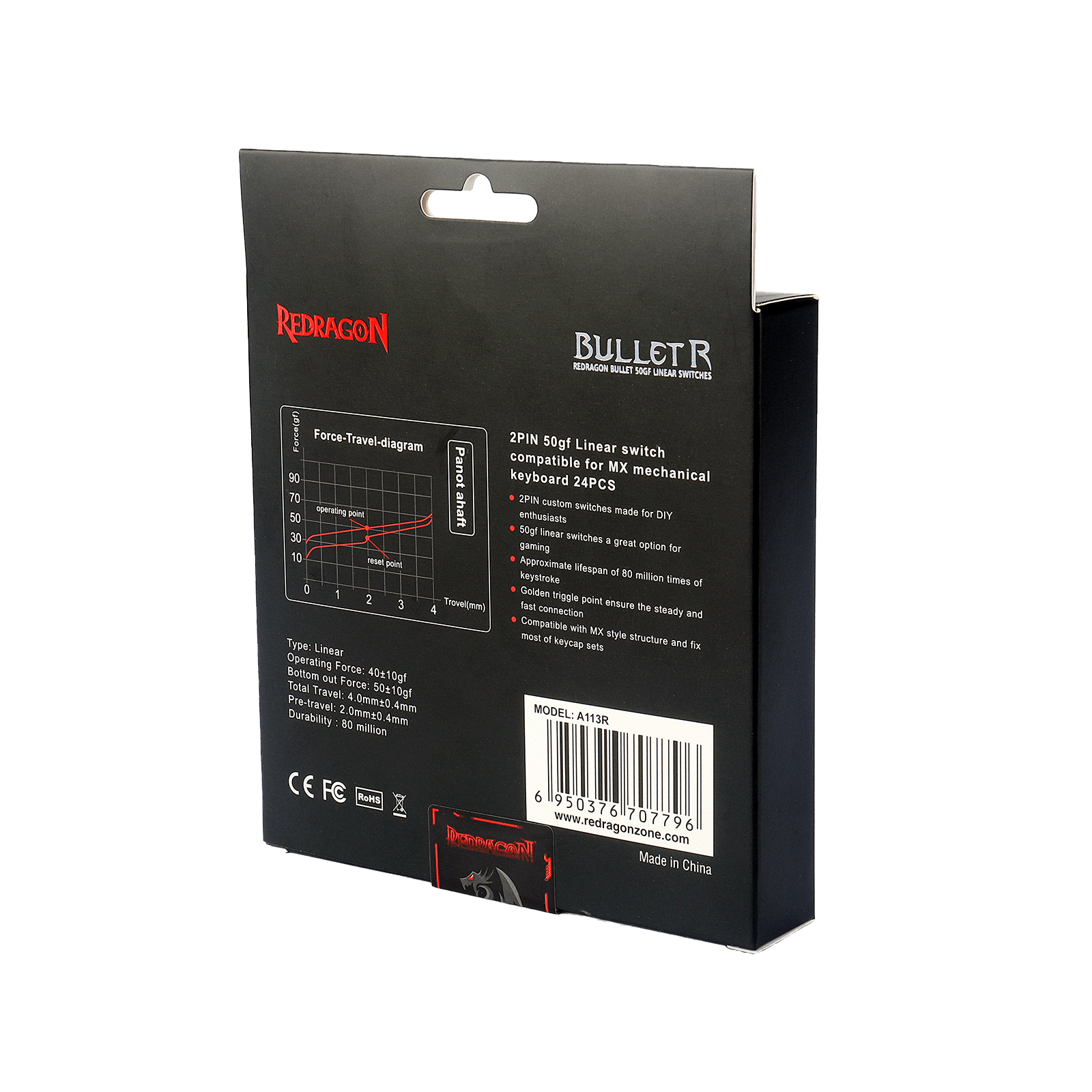 Redragon A113 Bullet-R Linear Mechanical Switch, Hot-Swappable DIY Keyboard Quiet Switch Mod, 50 Million Click(24 pcs Switches, Keycap + Switch Puller)