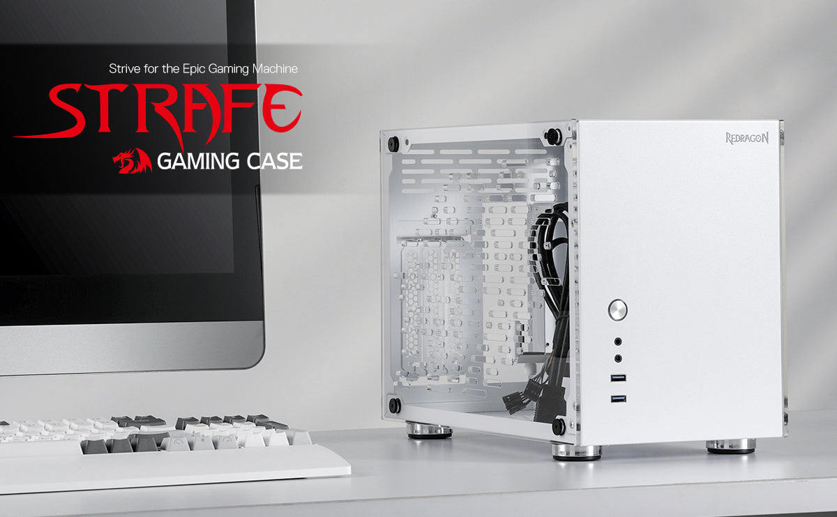 Casing PC Gaming Mini-ITX Redragon EB211, Sasis Komputer Faktor Bentuk Kecil dengan Panel Transparan Akrilik Sarang Lebah Berventilasi, GPU Tiga Slot, dan Aksesibilitas 360 Derajat, Putih