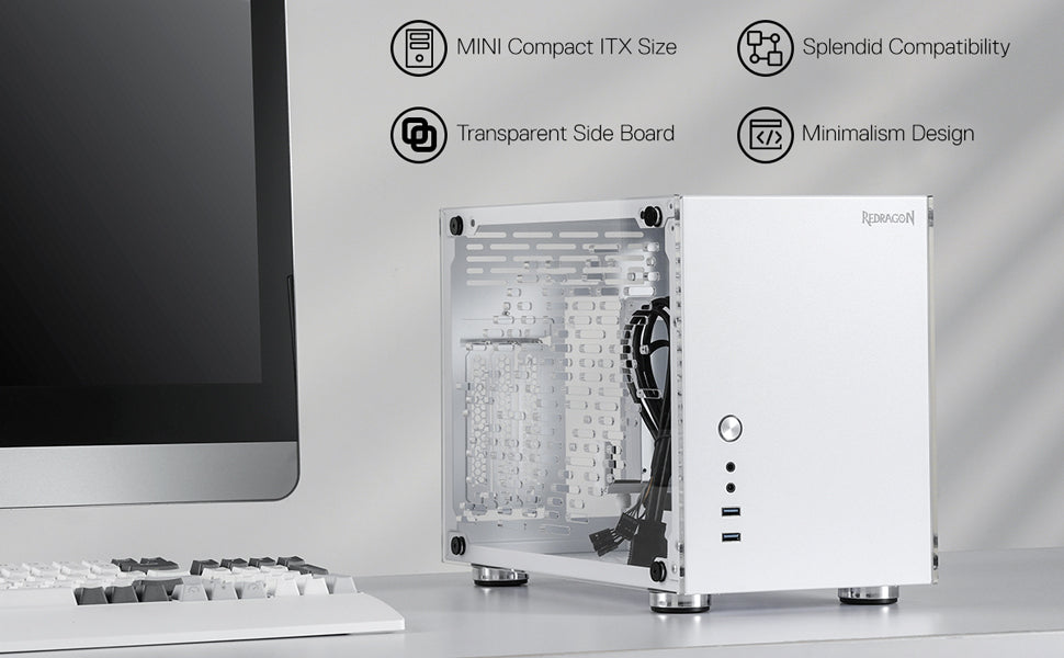 Casing PC Gaming Mini-ITX Redragon EB211, Sasis Komputer Faktor Bentuk Kecil dengan Panel Transparan Akrilik Sarang Lebah Berventilasi, GPU Tiga Slot, dan Aksesibilitas 360 Derajat, Putih