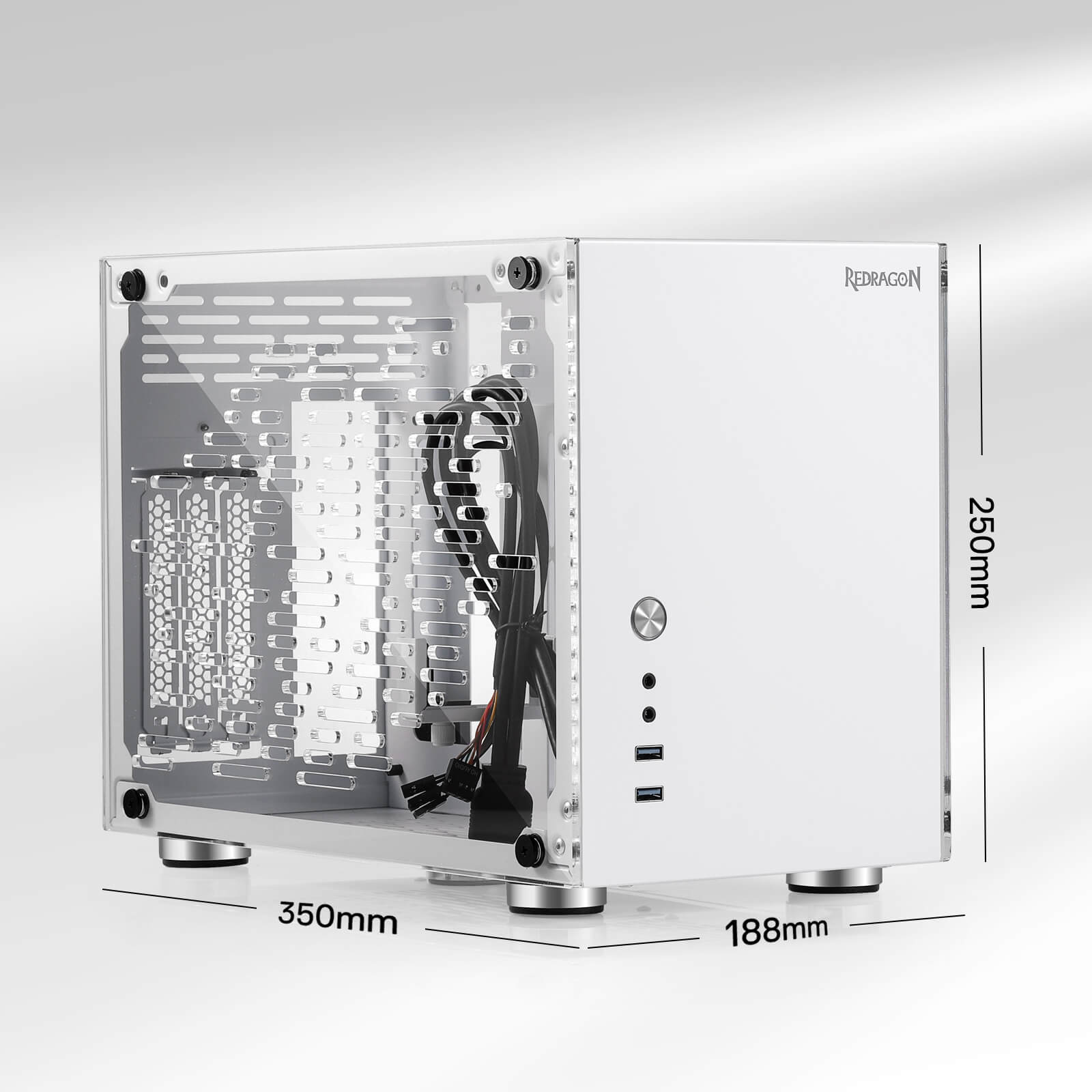 Casing PC Gaming Mini-ITX Redragon EB211, Sasis Komputer Faktor Bentuk Kecil dengan Panel Transparan Akrilik Sarang Lebah Berventilasi, GPU Tiga Slot, dan Aksesibilitas 360 Derajat, Putih