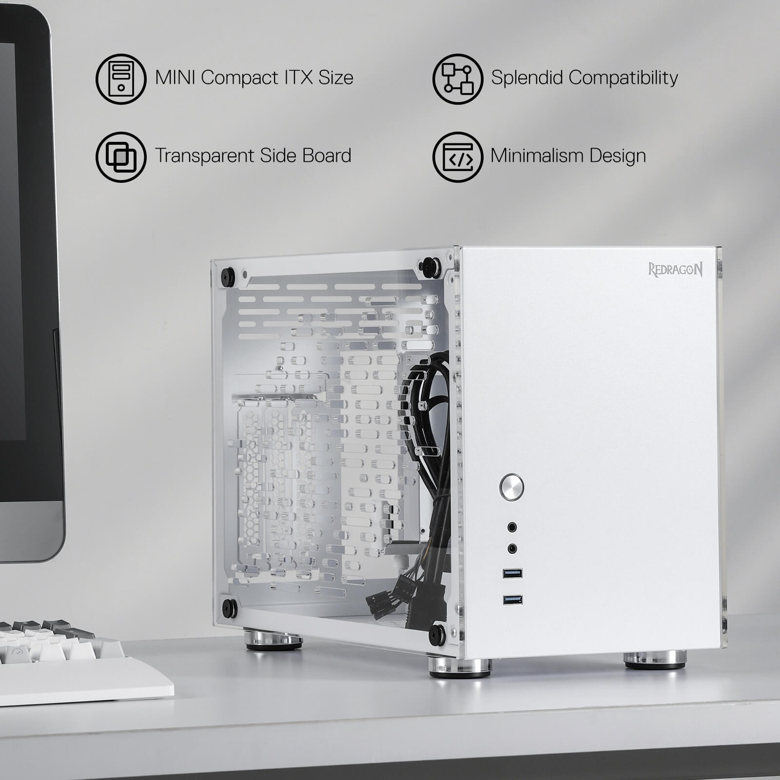 Casing PC Gaming Mini-ITX Redragon EB211, Sasis Komputer Faktor Bentuk Kecil dengan Panel Transparan Akrilik Sarang Lebah Berventilasi, GPU Tiga Slot, dan Aksesibilitas 360 Derajat, Putih