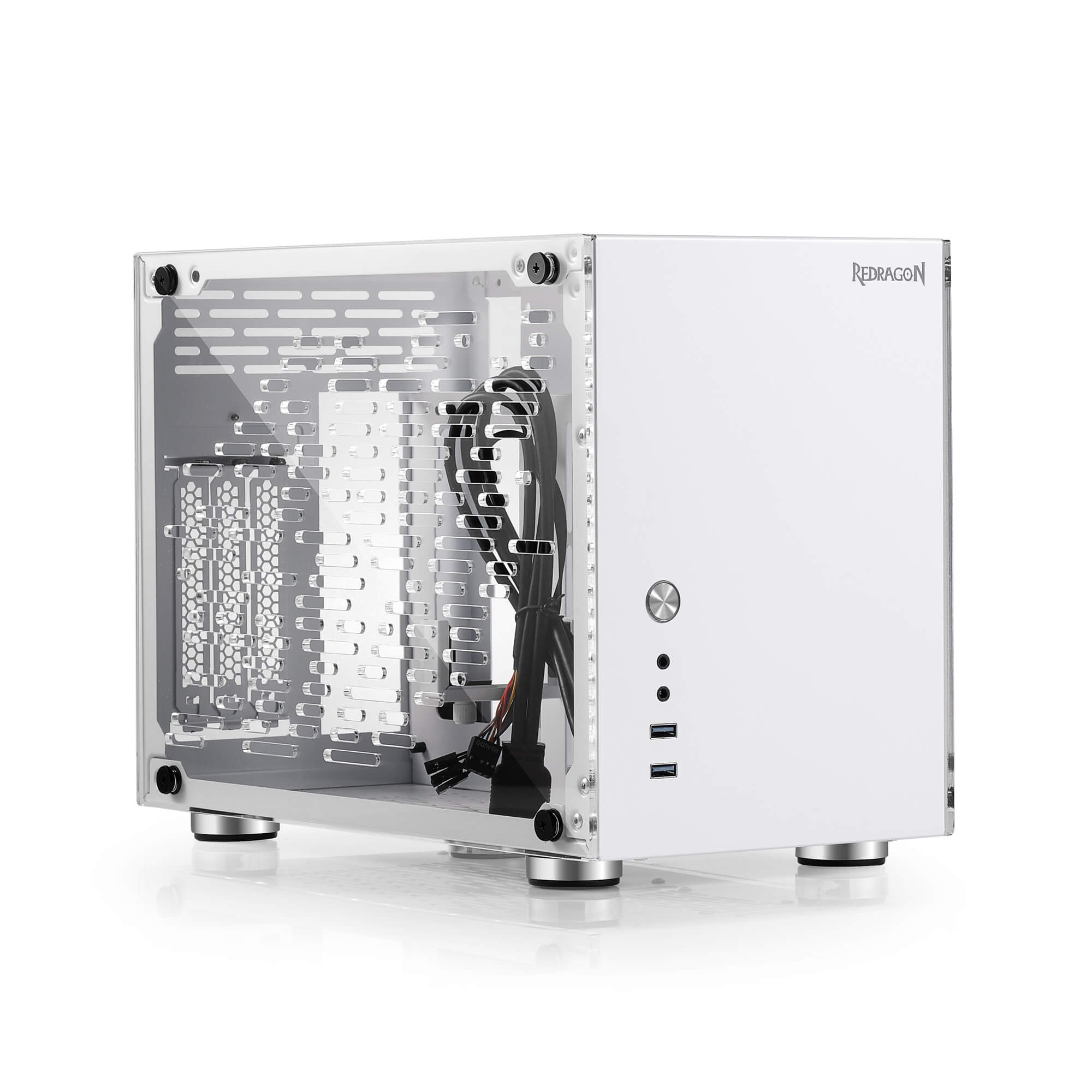 Casing PC Gaming Mini-ITX Redragon EB211, Sasis Komputer Faktor Bentuk Kecil dengan Panel Transparan Akrilik Sarang Lebah Berventilasi, GPU Tiga Slot, dan Aksesibilitas 360 Derajat, Putih