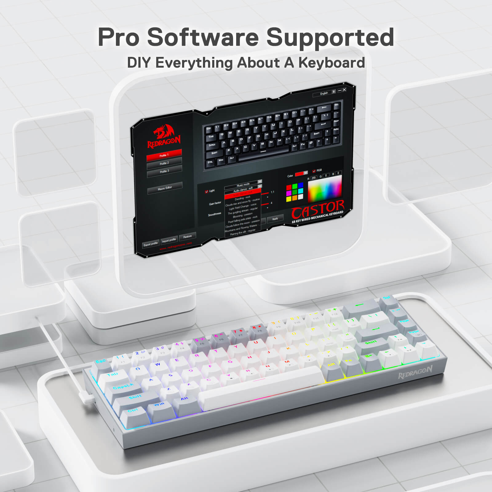 Redragon K631 Gery 65% Wired RGB Gaming Keyboard, 68 Keys Hot-Swappable Compact Mechanical Keyboard w/100% Hot-Swap Socket, Free-Mod Plate Mounted PCB & Dedicated Arrow Keys, Quiet Red Linear Switch