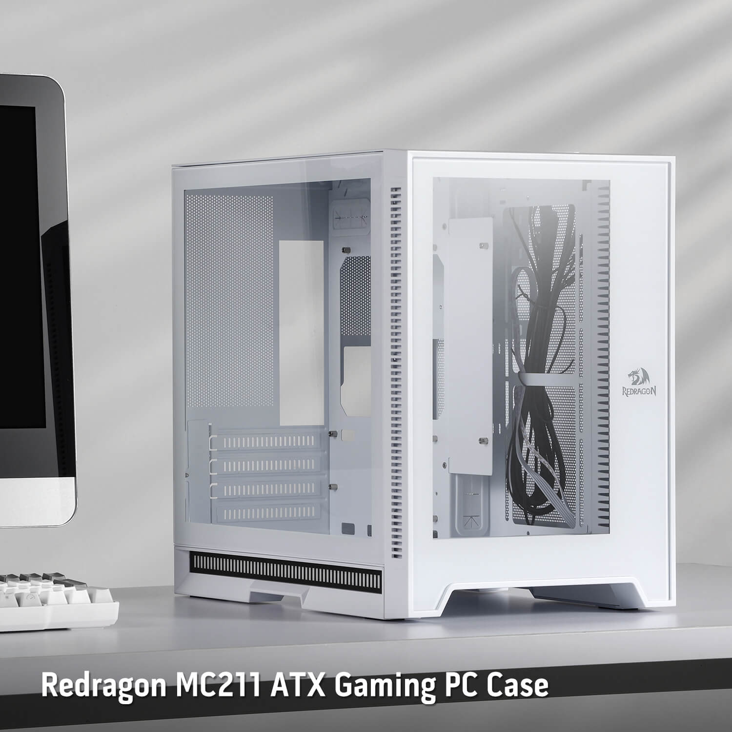 Redragon MC211 ITX Gaming PC Case, M-ATX Computer Chassis w/ 2 Tempered Glass Panels & High Airflow Perforated Panels, 240mm Radiator Support, Rhythm Sync Lighting Bar, Easy Cable Management, White
