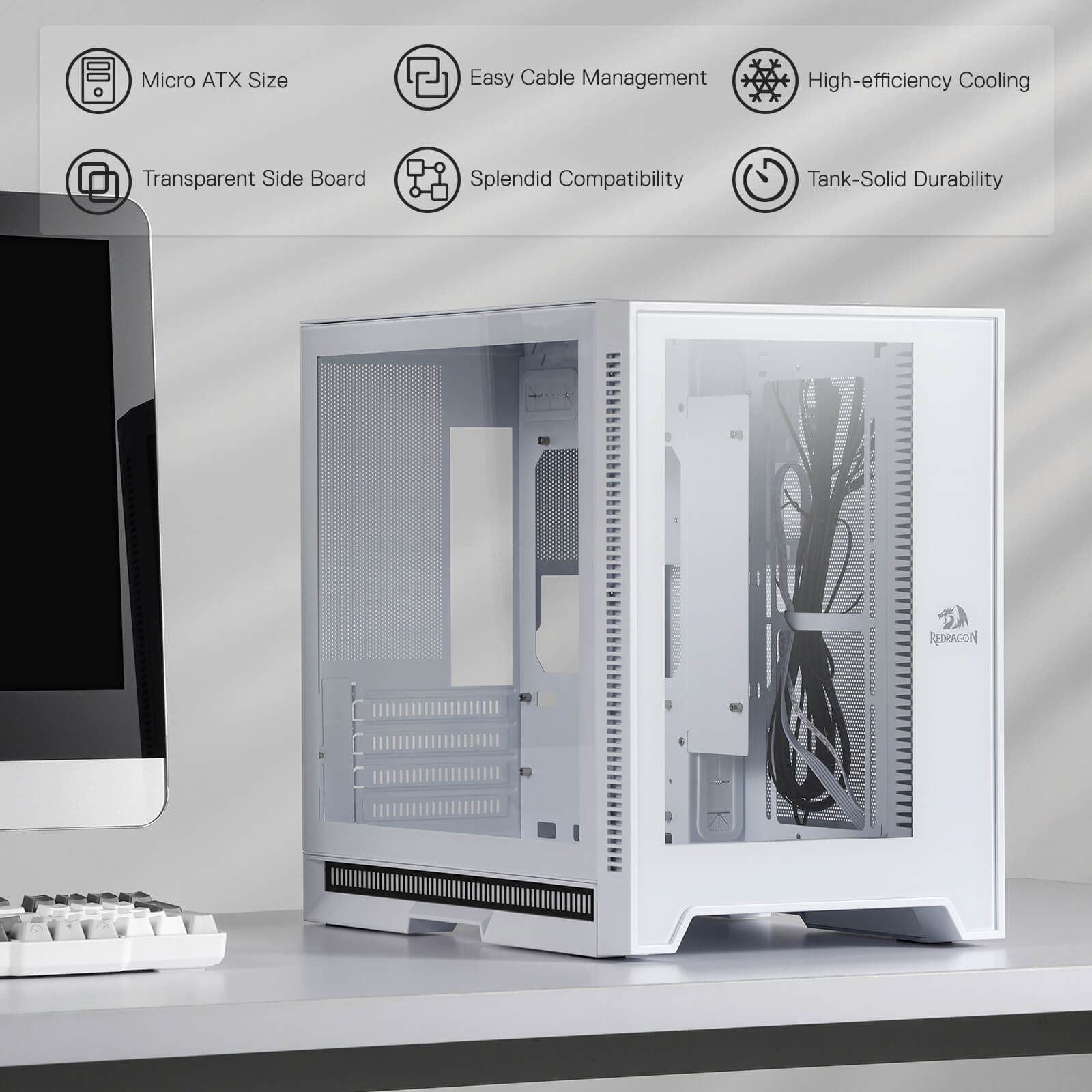Redragon MC211 ITX Gaming PC Case, M-ATX Computer Chassis w/ 2 Tempered Glass Panels & High Airflow Perforated Panels, 240mm Radiator Support, Rhythm Sync Lighting Bar, Easy Cable Management, White