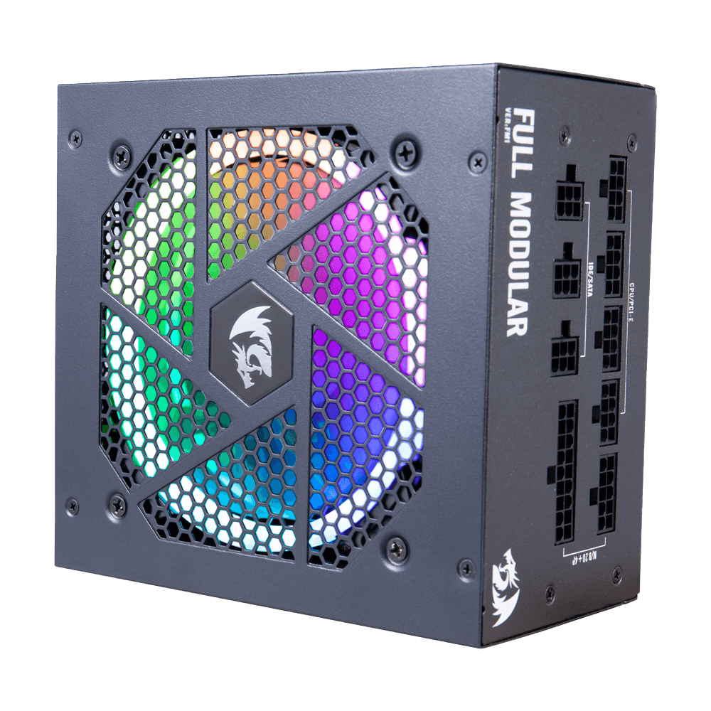 Redragon PSU007 80+ Gold 850 Watt ATX Fully Modular Power Supply dengan Sertifikasi 80 Plus Gold, Ukuran Ringkas 160mm dan Kipas RGB Kebisingan Rendah 0 RPM, 100% Kapasitor Jepang, Kabel Mod Penuh