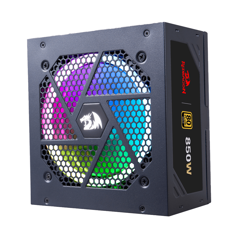 Redragon PSU007 80+ Gold 850 Watt ATX Fully Modular Power Supply dengan Sertifikasi 80 Plus Gold, Ukuran Ringkas 160mm dan Kipas RGB Kebisingan Rendah 0 RPM, 100% Kapasitor Jepang, Kabel Mod Penuh