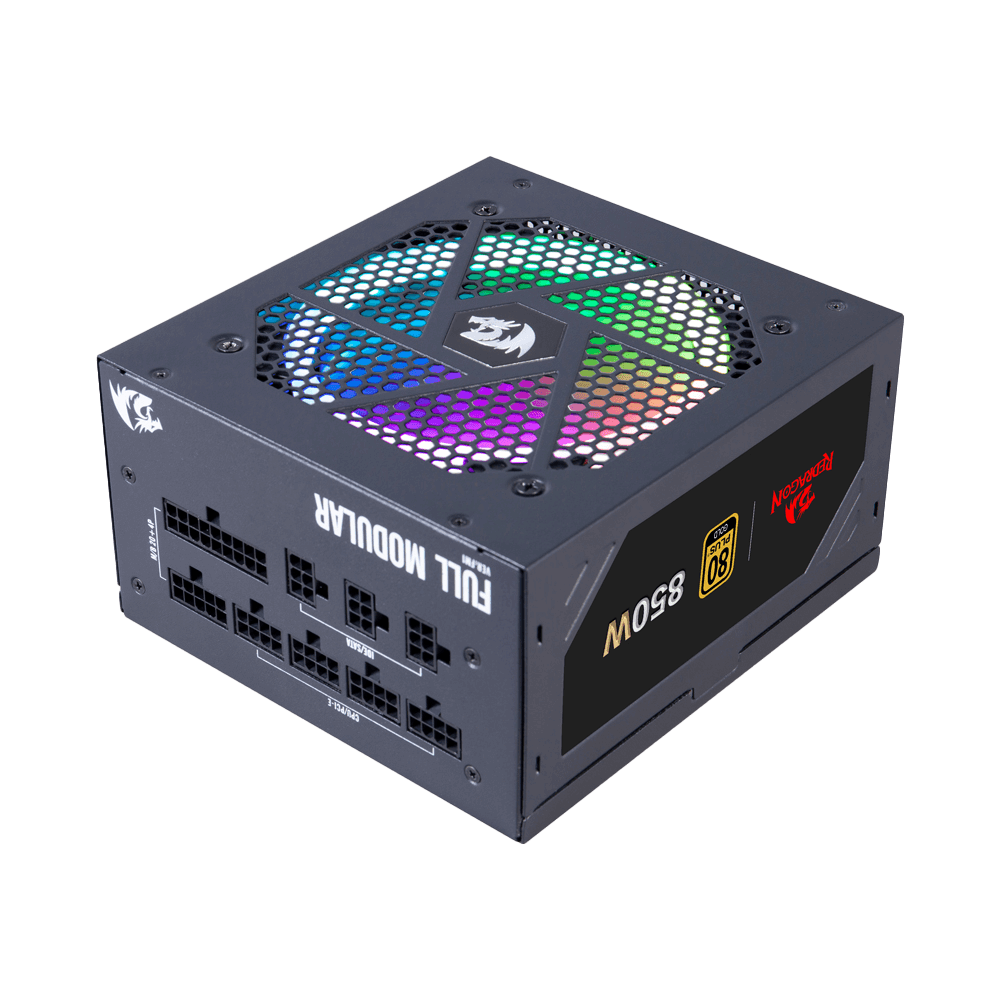 Redragon PSU007 80+ Gold 850 Watt ATX Fully Modular Power Supply dengan Sertifikasi 80 Plus Gold, Ukuran Ringkas 160mm dan Kipas RGB Kebisingan Rendah 0 RPM, 100% Kapasitor Jepang, Kabel Mod Penuh