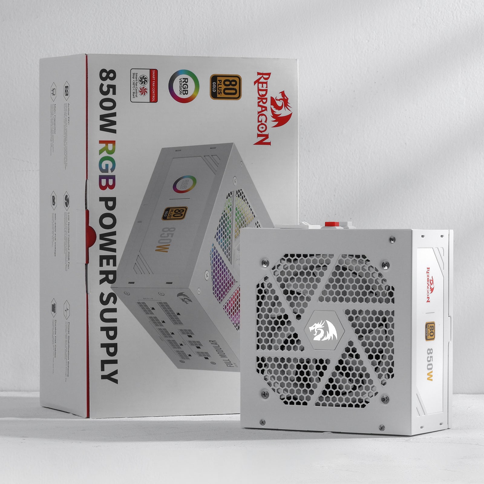 Redragon PSU007 80+ Gold 850 Watt ATX Fully Modular Power Supply w/ 80 Plus Gold Certified, Compact 160mm Size and Low Noise RGB Fan 0 RPM, 100% Japanese Capacitors, Full Mod Cables, White