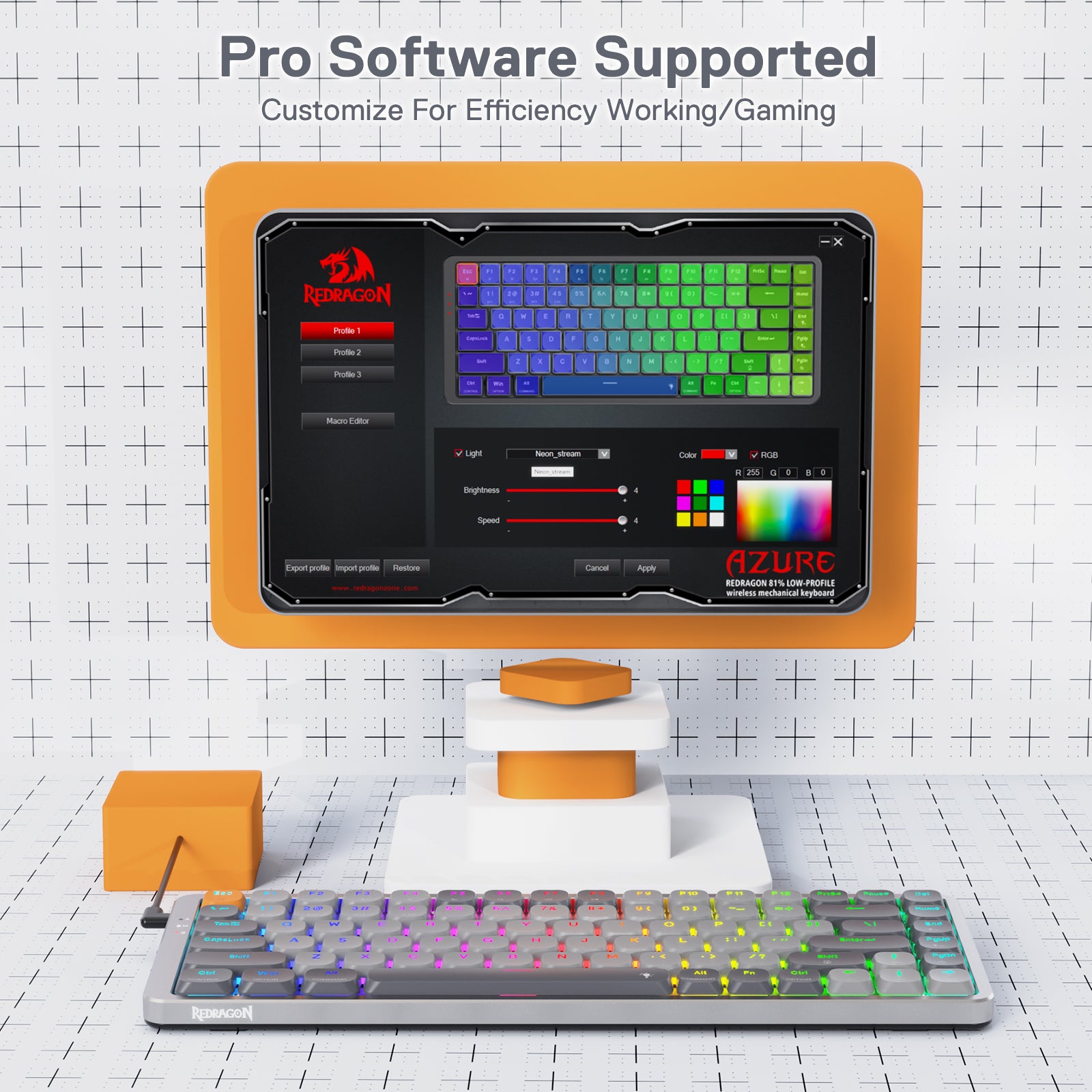 Redragon K652 75% Keyboard Mekanik RGB Nirkabel, Keyboard Gaming Ultra-Tipis 84 Tombol Tri-Mode Bluetooth/2.4Ghz/Berkabel dengan Pelat Atas Aluminium, 100% Didukung Sistem Win/Mac & Sakelar Profil Rendah