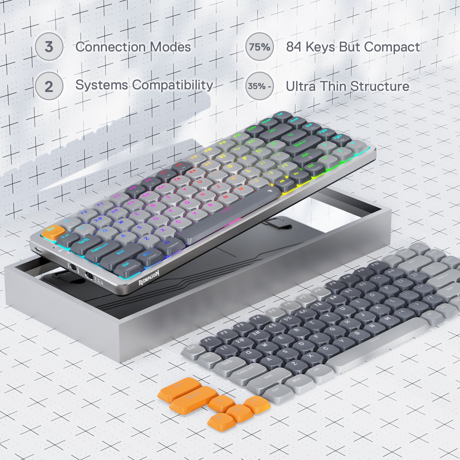 Redragon K652 75% Keyboard Mekanik RGB Nirkabel, Keyboard Gaming Ultra-Tipis 84 Tombol Tri-Mode Bluetooth/2.4Ghz/Berkabel dengan Pelat Atas Aluminium, 100% Didukung Sistem Win/Mac & Sakelar Profil Rendah