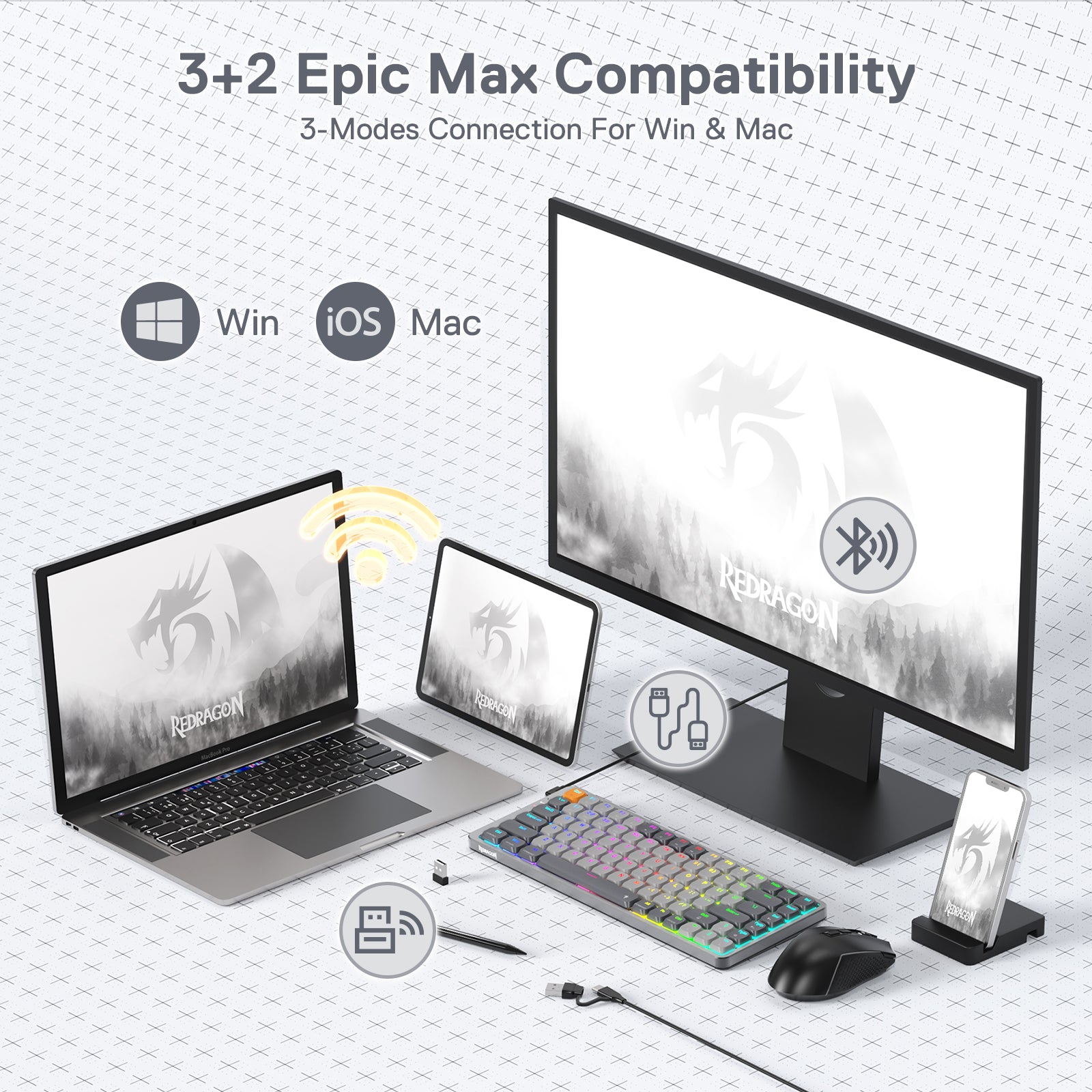 Redragon K652 75% Keyboard Mekanik RGB Nirkabel, Keyboard Gaming Ultra-Tipis 84 Tombol Tri-Mode Bluetooth/2.4Ghz/Berkabel dengan Pelat Atas Aluminium, 100% Didukung Sistem Win/Mac & Sakelar Profil Rendah